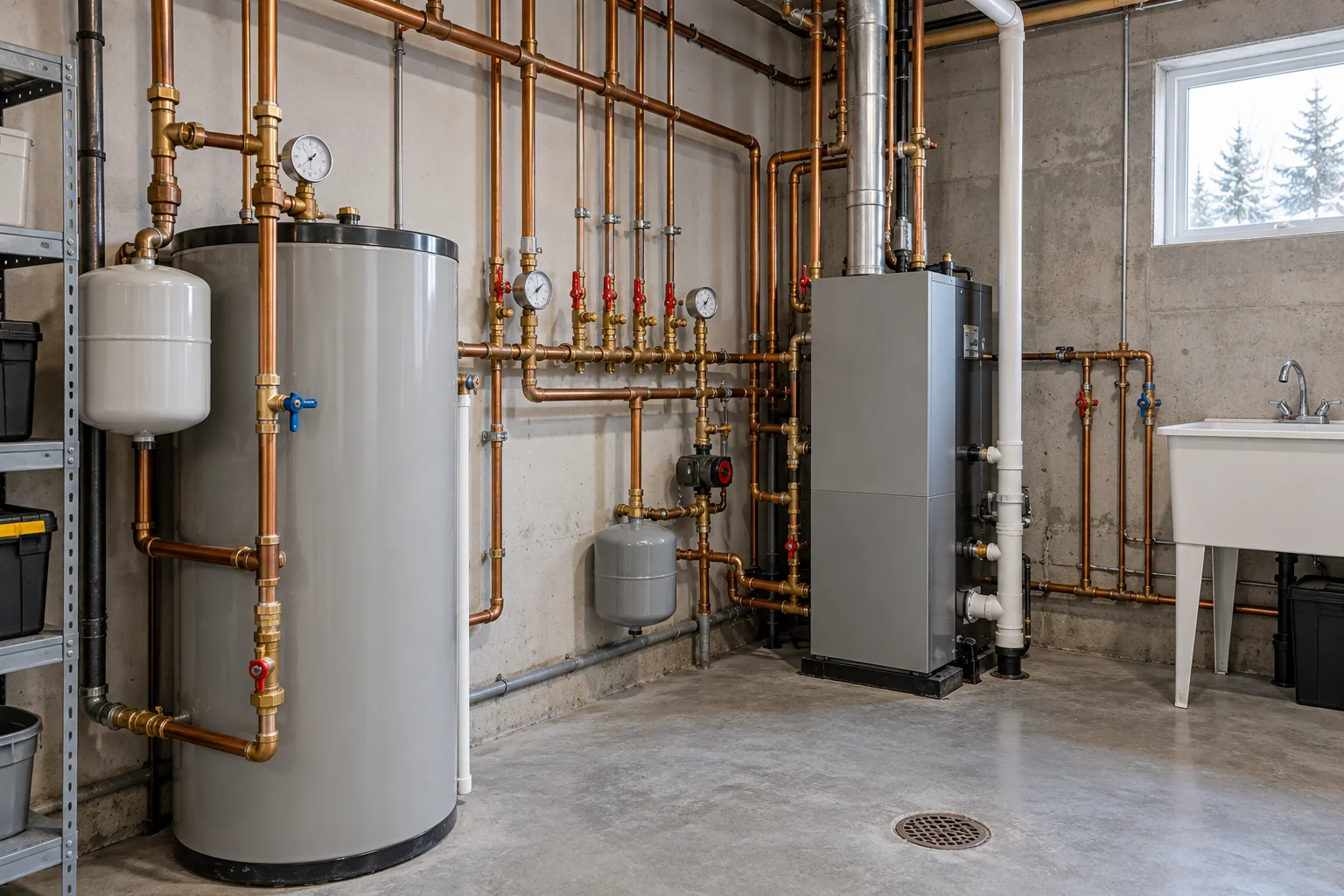 Commercial utility room with water supply and drainage piping