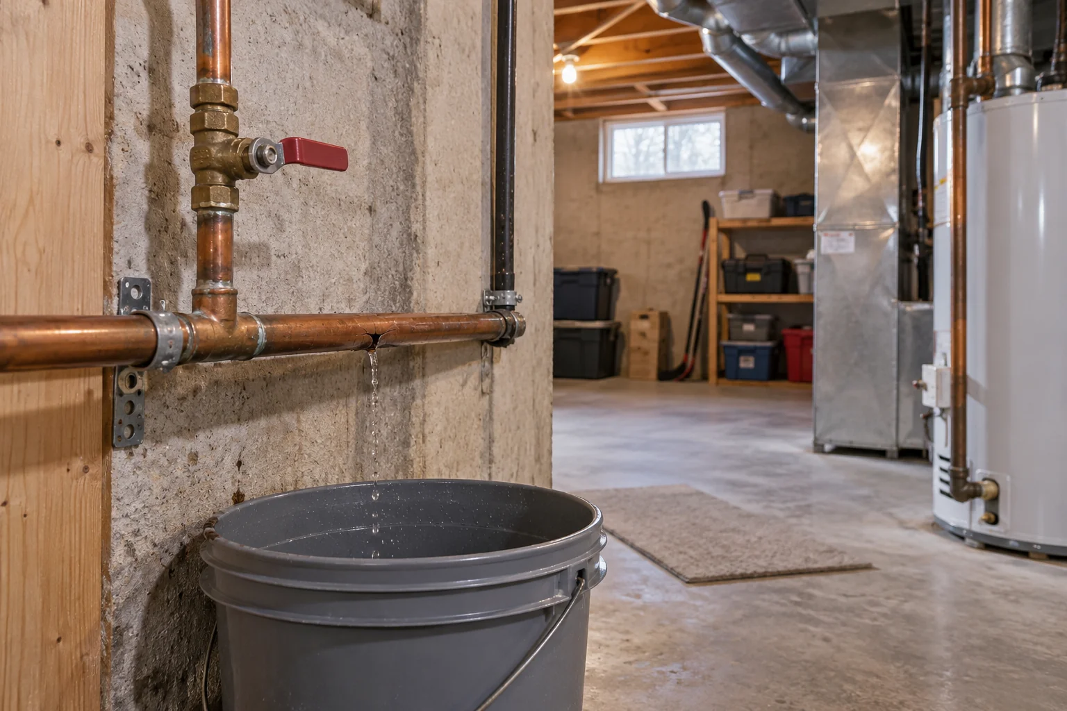 Damaged basement water pipe and catch bucket for Calgary burst pipe guidance