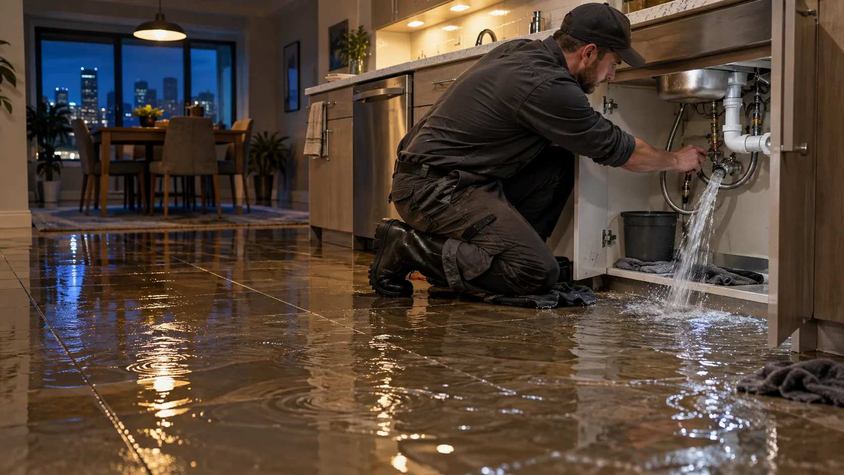 Illustrative nighttime plumbing emergency with a failed sink supply and flooded kitchen