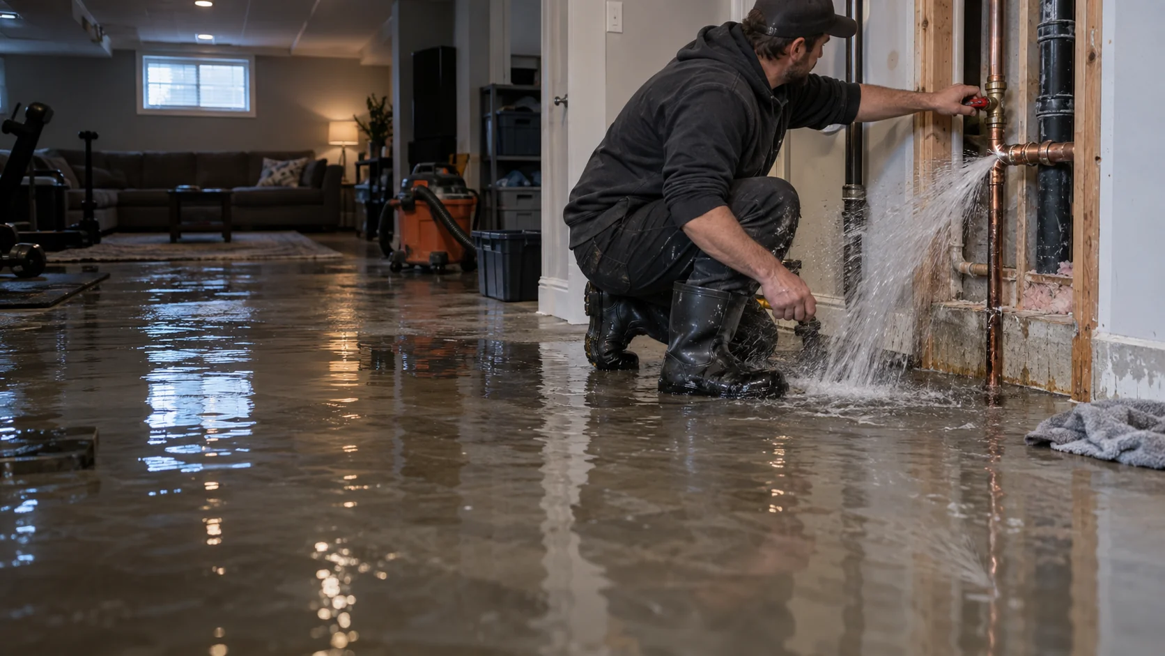 Illustrative plumber isolating a burst pipe as water floods a finished basement
