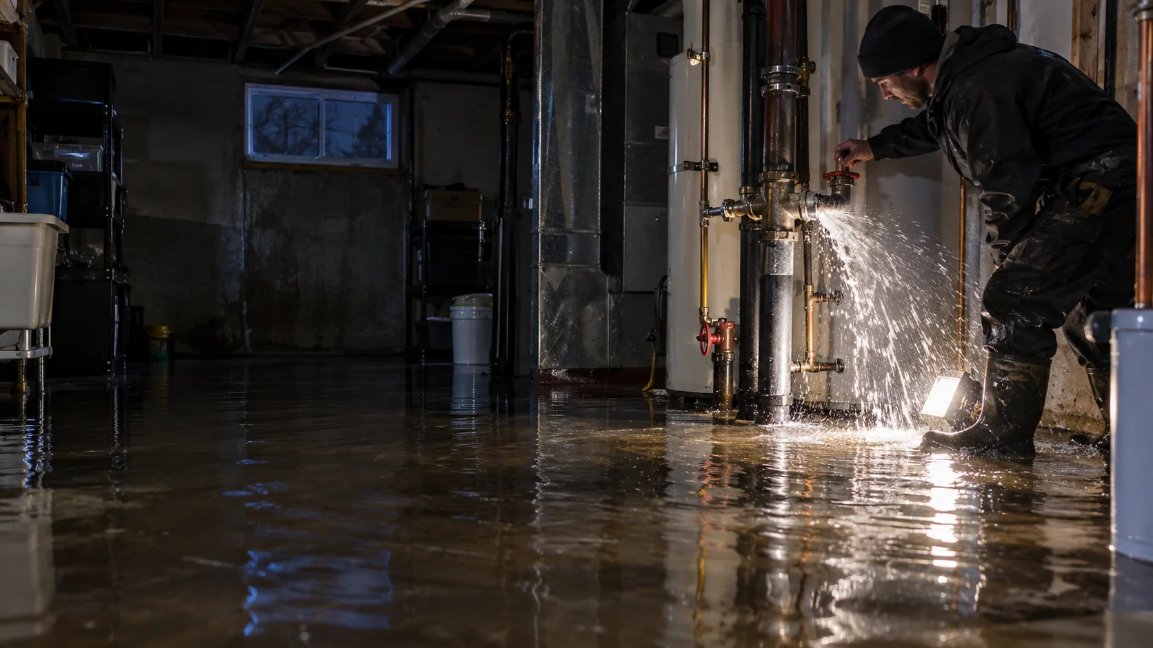 Illustrative overnight emergency with a ruptured supply pipe and flooded basement