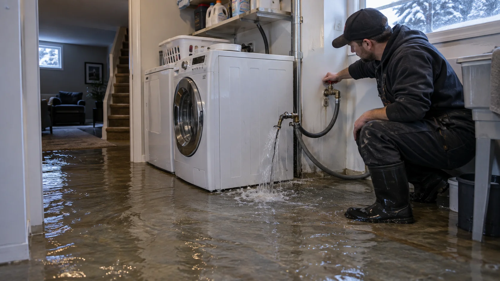 Illustrative burst laundry supply flooding a basement during a winter weekend