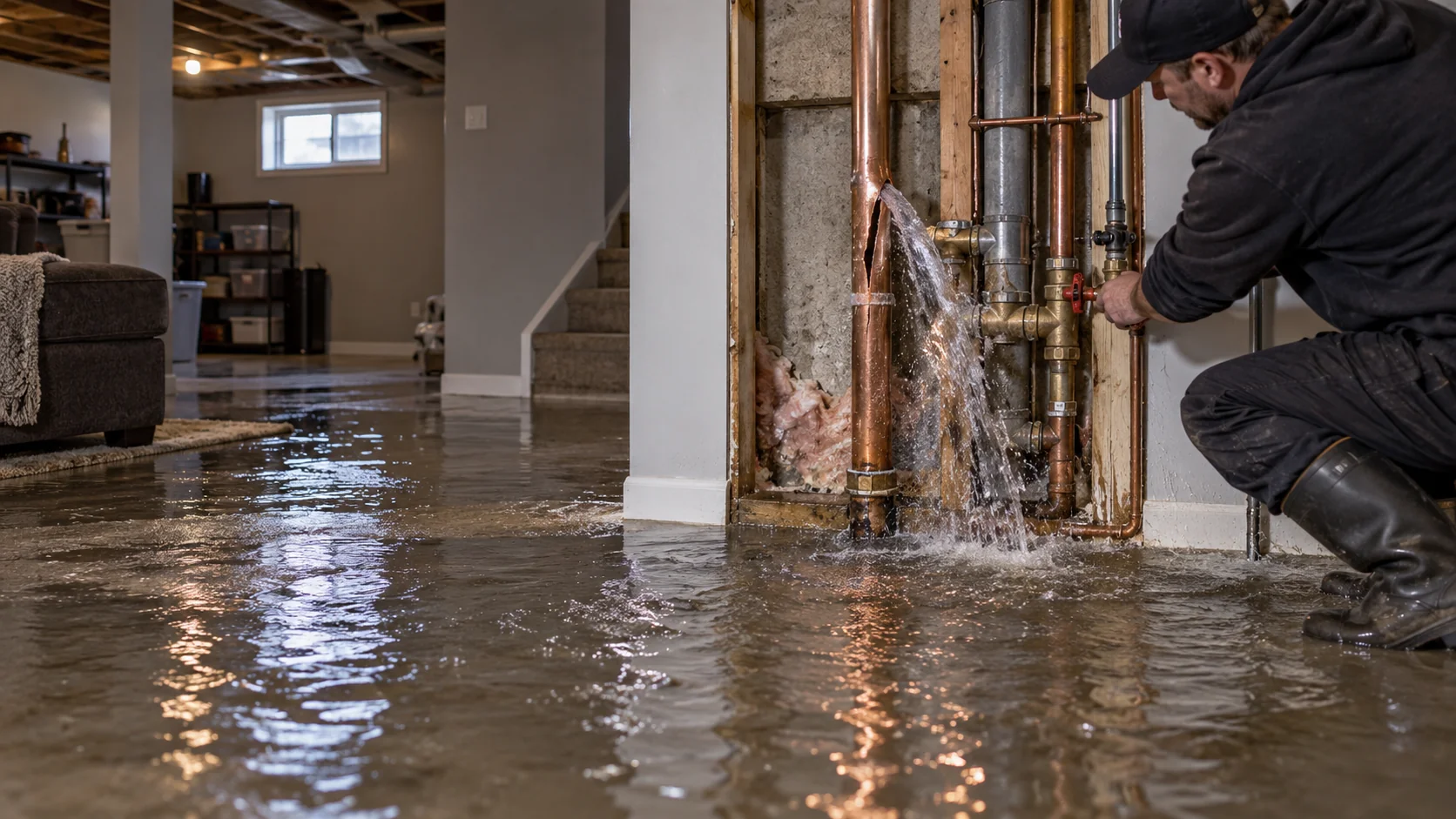 Illustrative split copper pipe releasing water across a finished basement floor