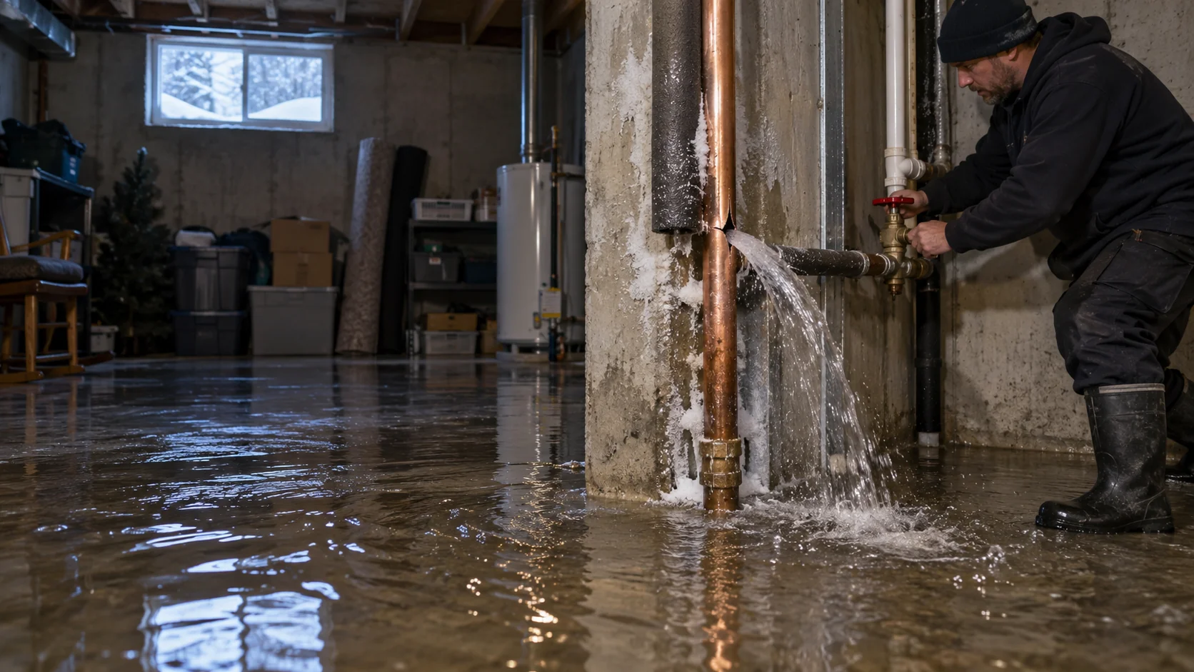 Illustrative freeze-damaged pipe leaking into a flooded basement in winter