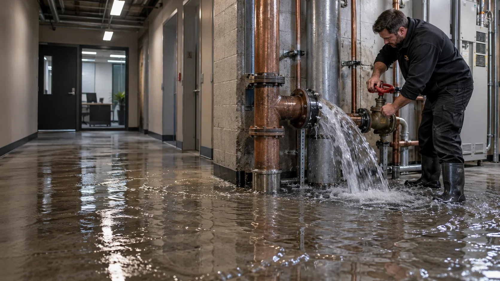 Illustrative commercial supply pipe rupture flooding an office service corridor