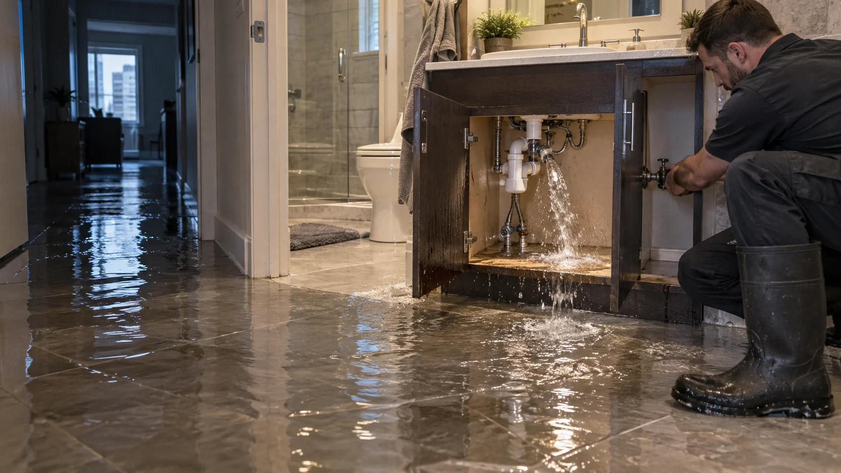 Illustrative plumbing leak flooding a bathroom and adjoining hallway