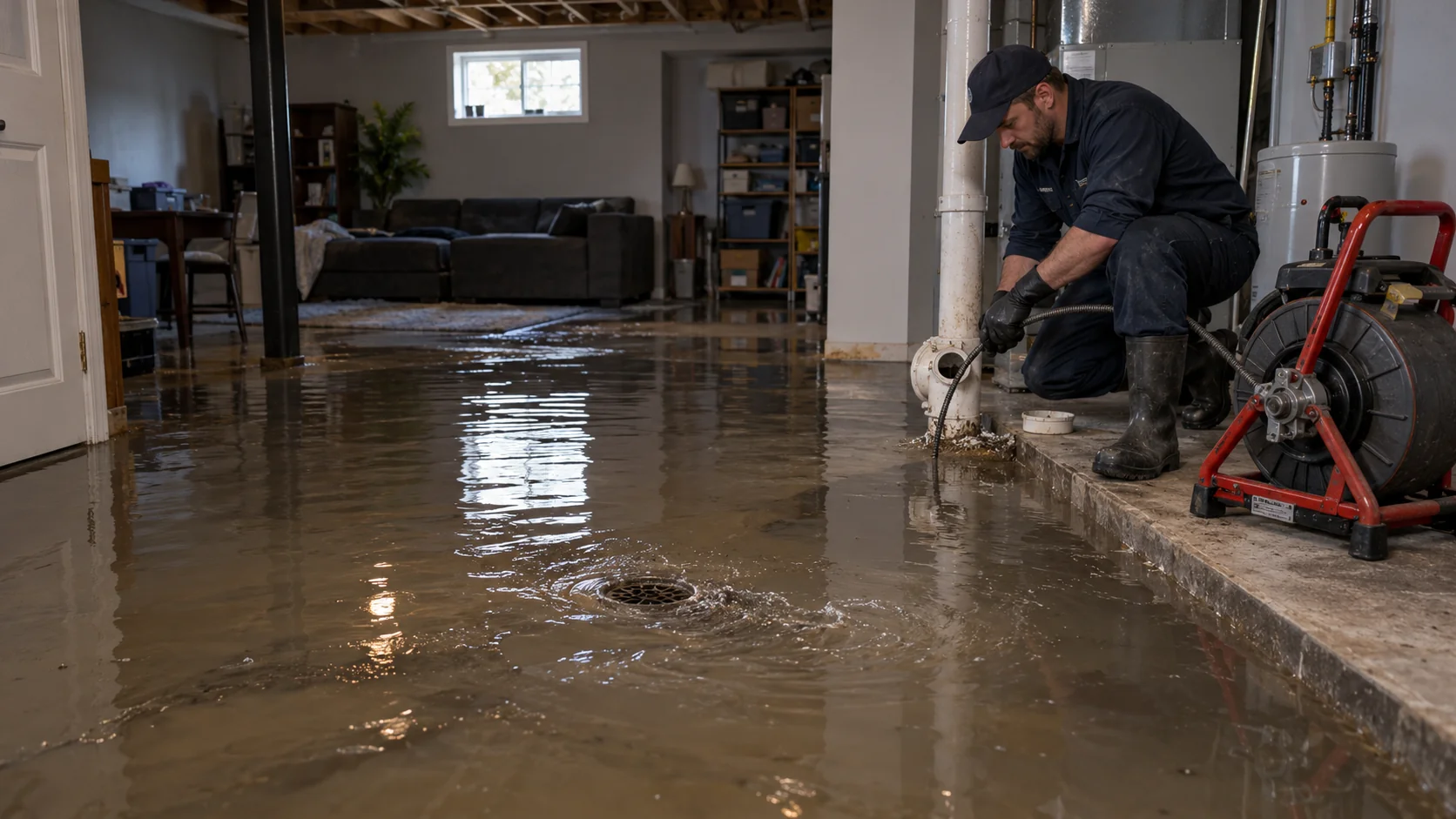 Illustrative plumber addressing a sewer backup as wastewater spreads across a basement floor