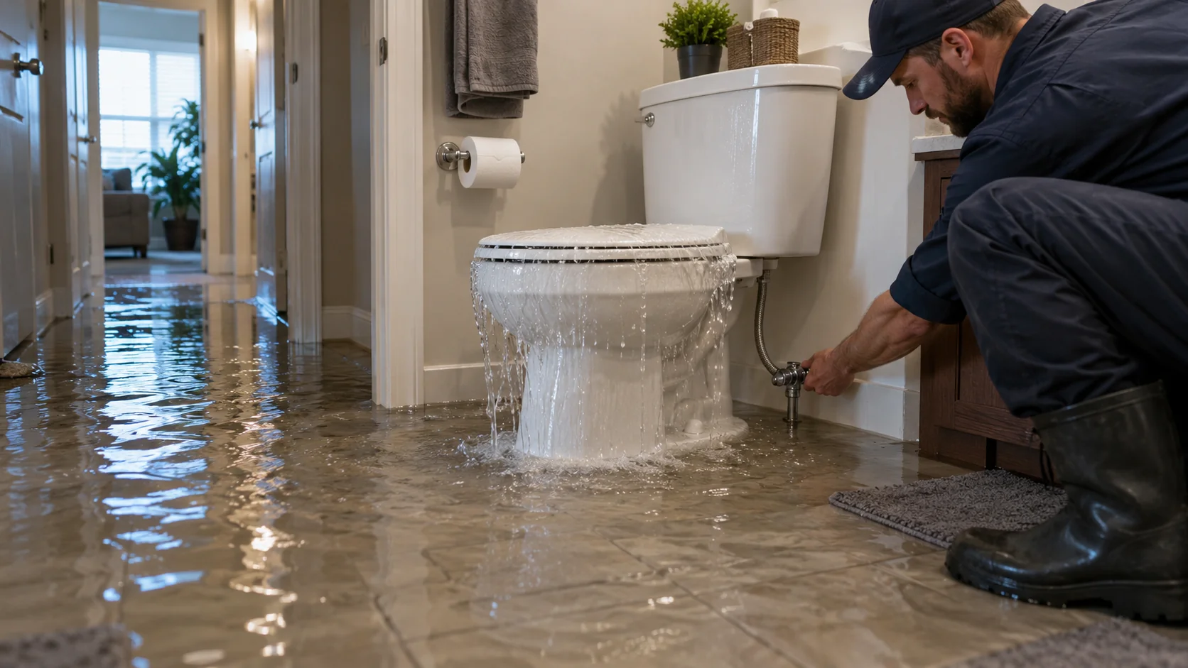 Illustrative plumber stopping an overflowing toilet as water spreads across a bathroom floor