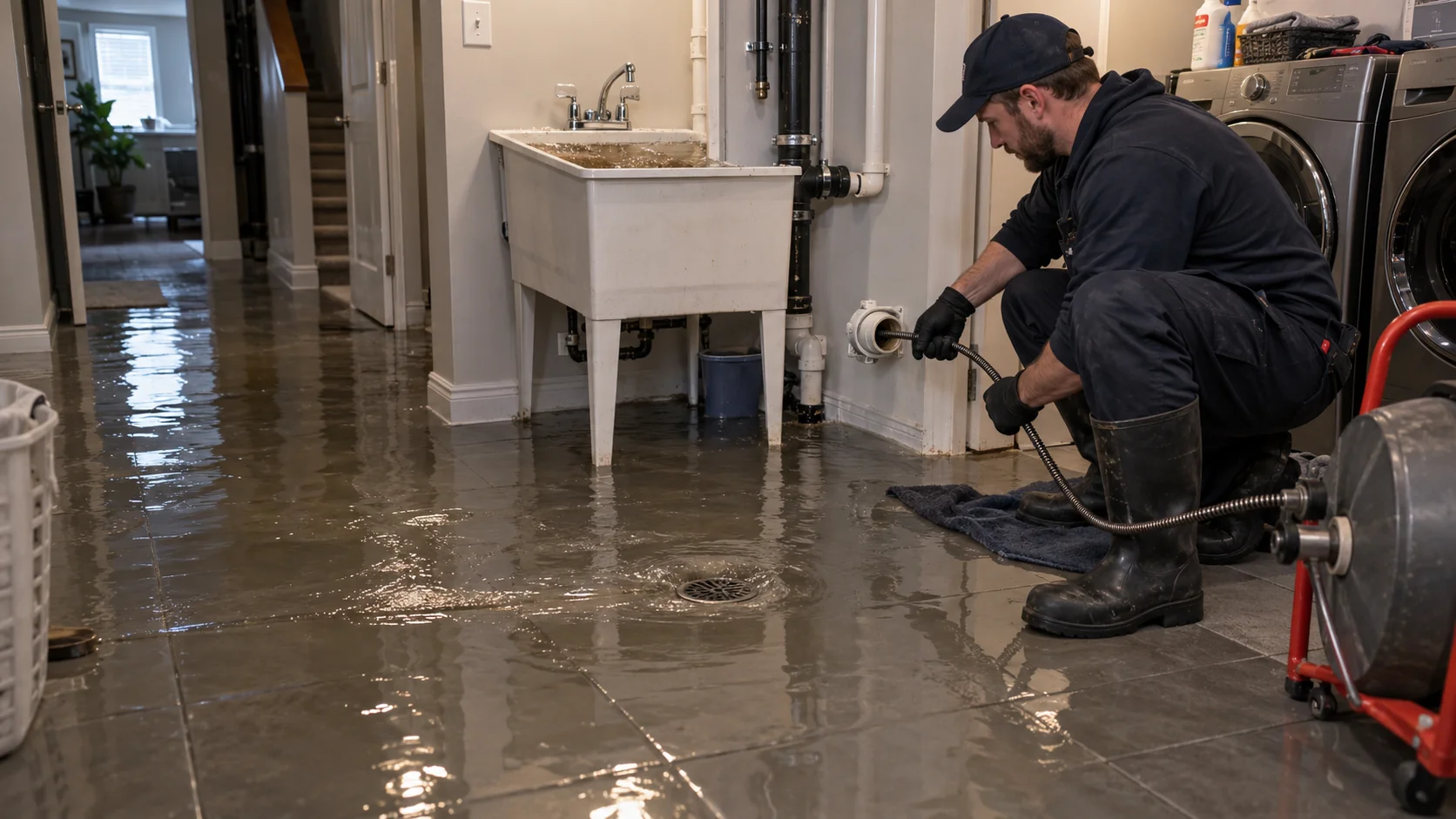 Illustrative emergency drain cleaning for a backed-up laundry sink and overflowing floor drain