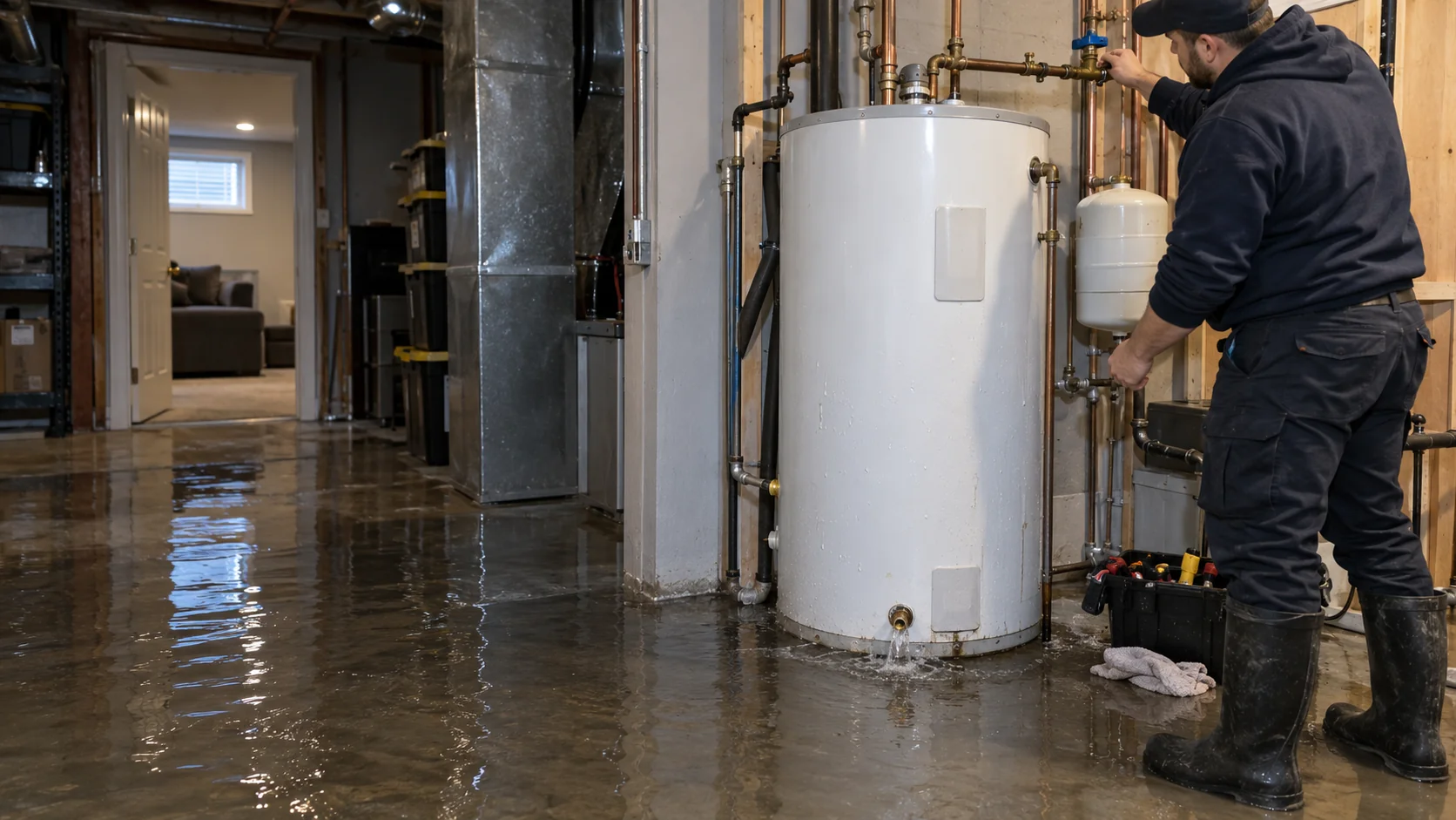 Illustrative plumber isolating a leaking hot water tank as water floods a basement utility room