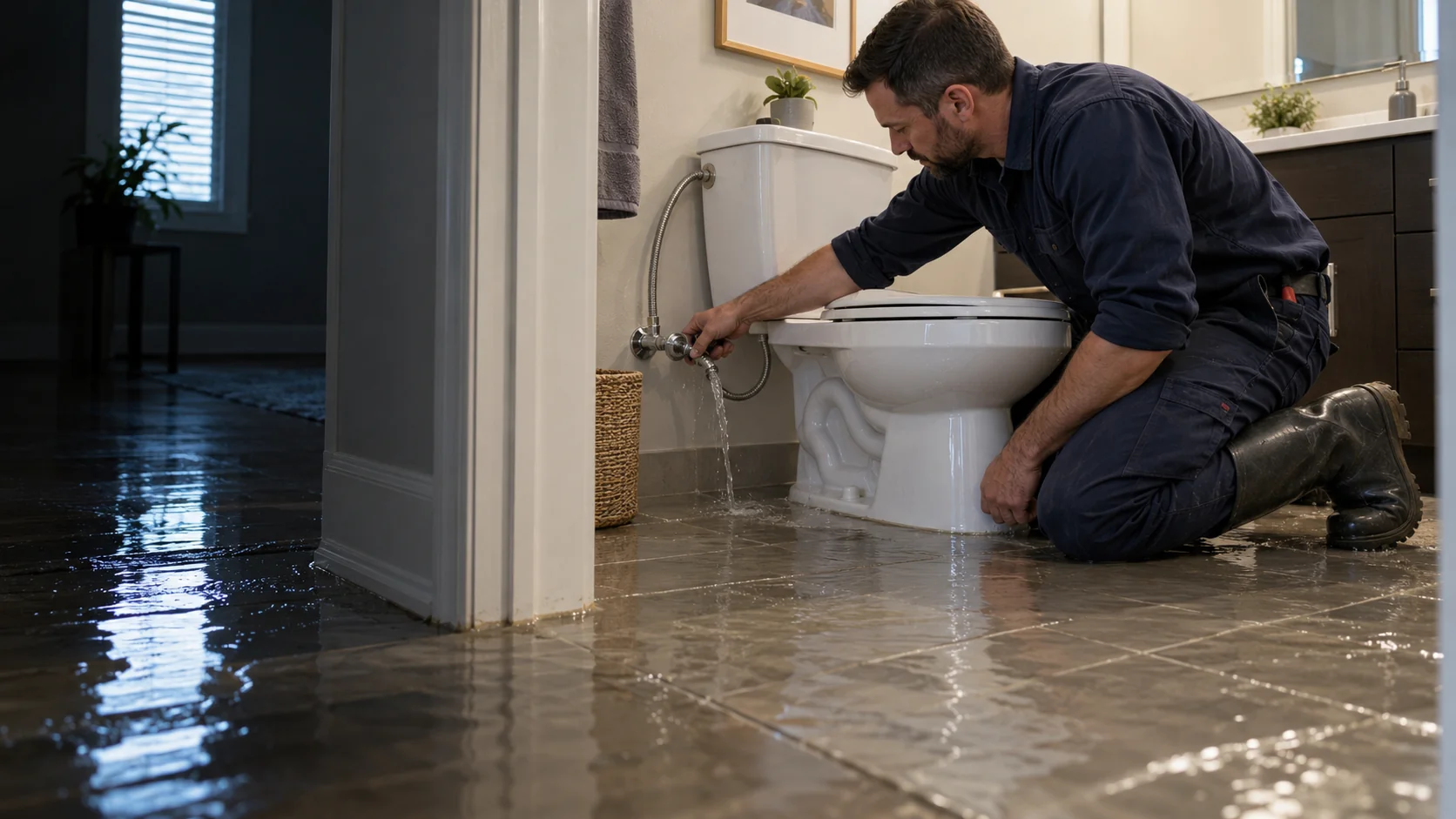 Illustrative plumber isolating a leaking toilet supply connection as water spreads across a bathroom floor