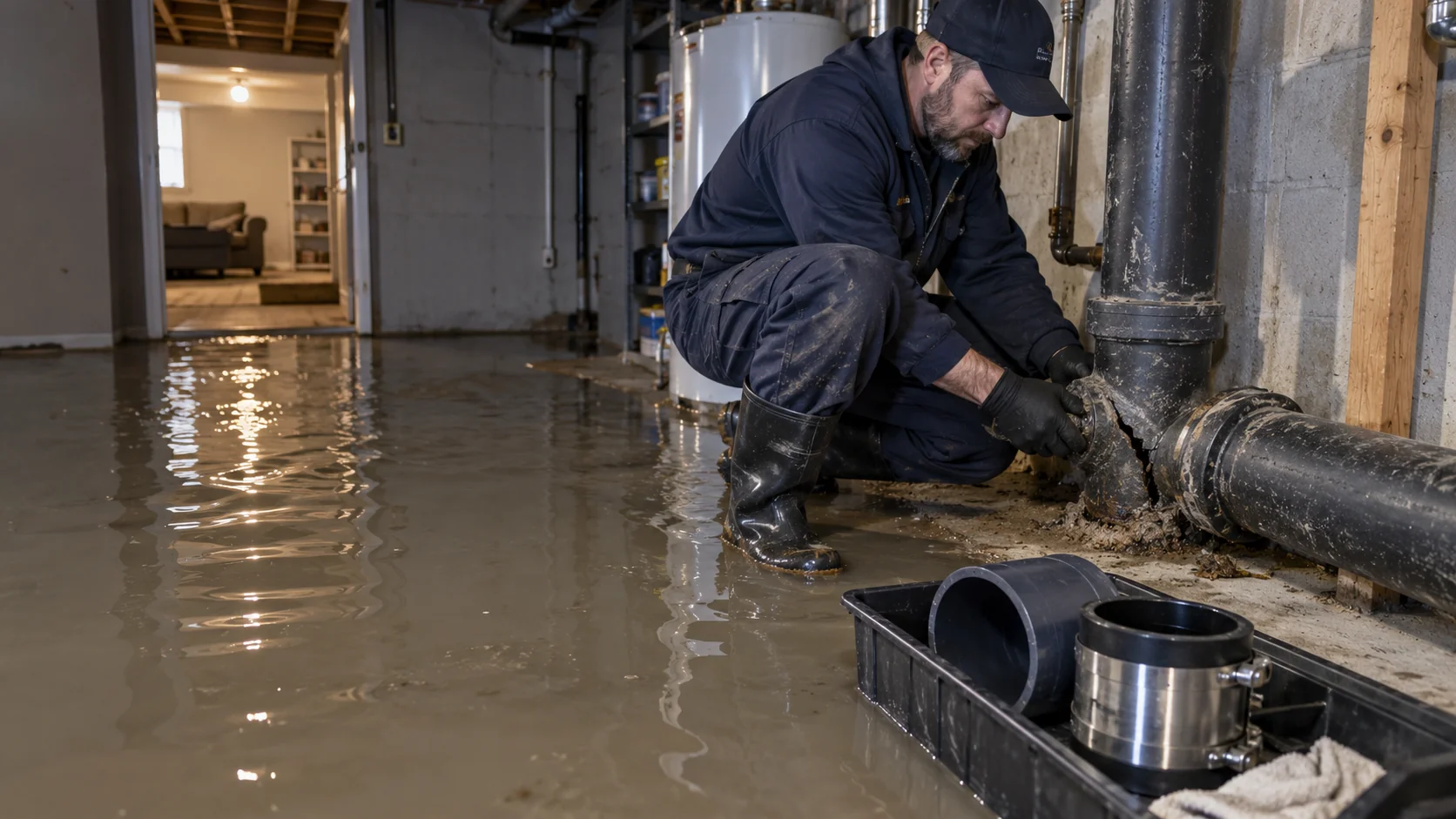Illustrative plumber assessing a cracked private sewer-line connection above a wastewater-covered basement floor