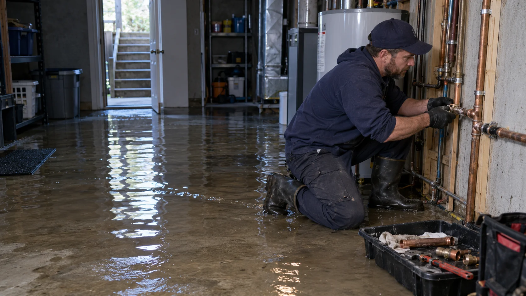 Illustrative plumber replacing a damaged water-pipe section in a flooded basement