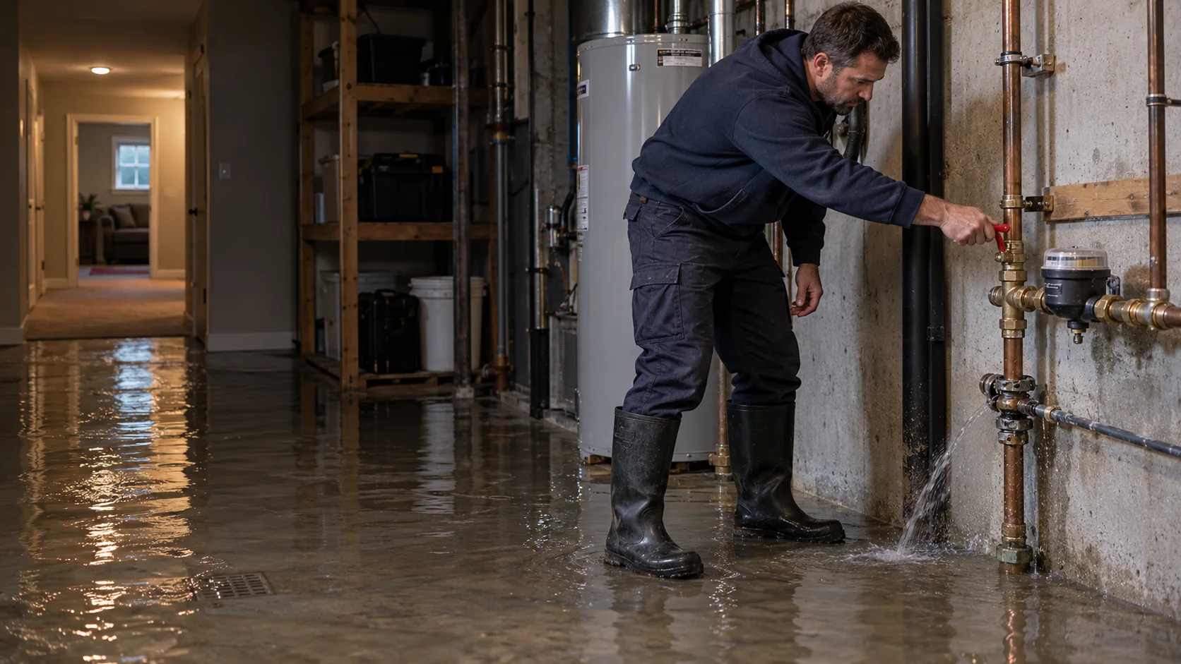 Illustrative plumber reaching a main water shutoff to control a spreading pipe leak in a flooded utility room