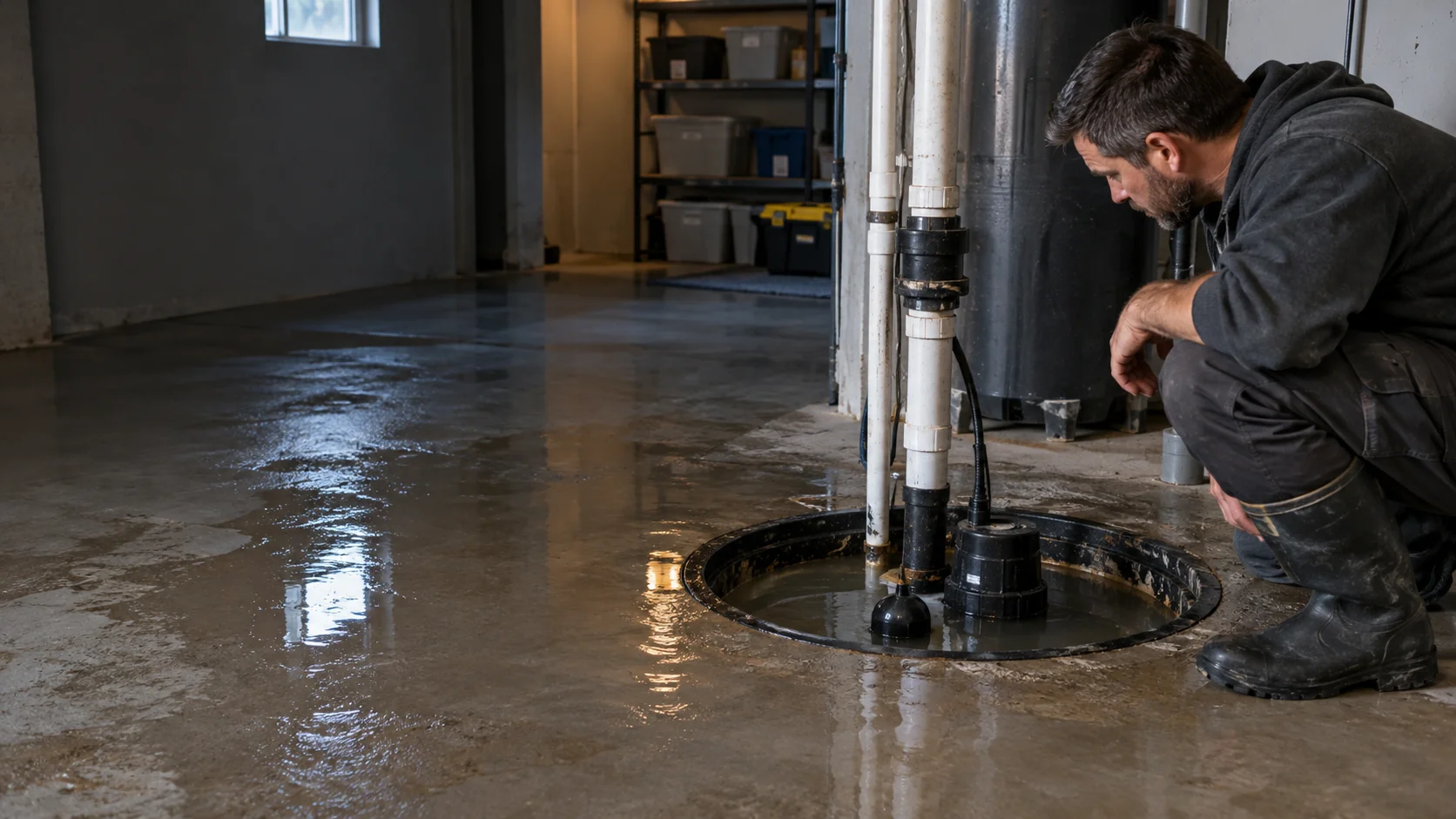 Illustrative plumber assessing a failed sump pump and water spreading across a finished basement floor