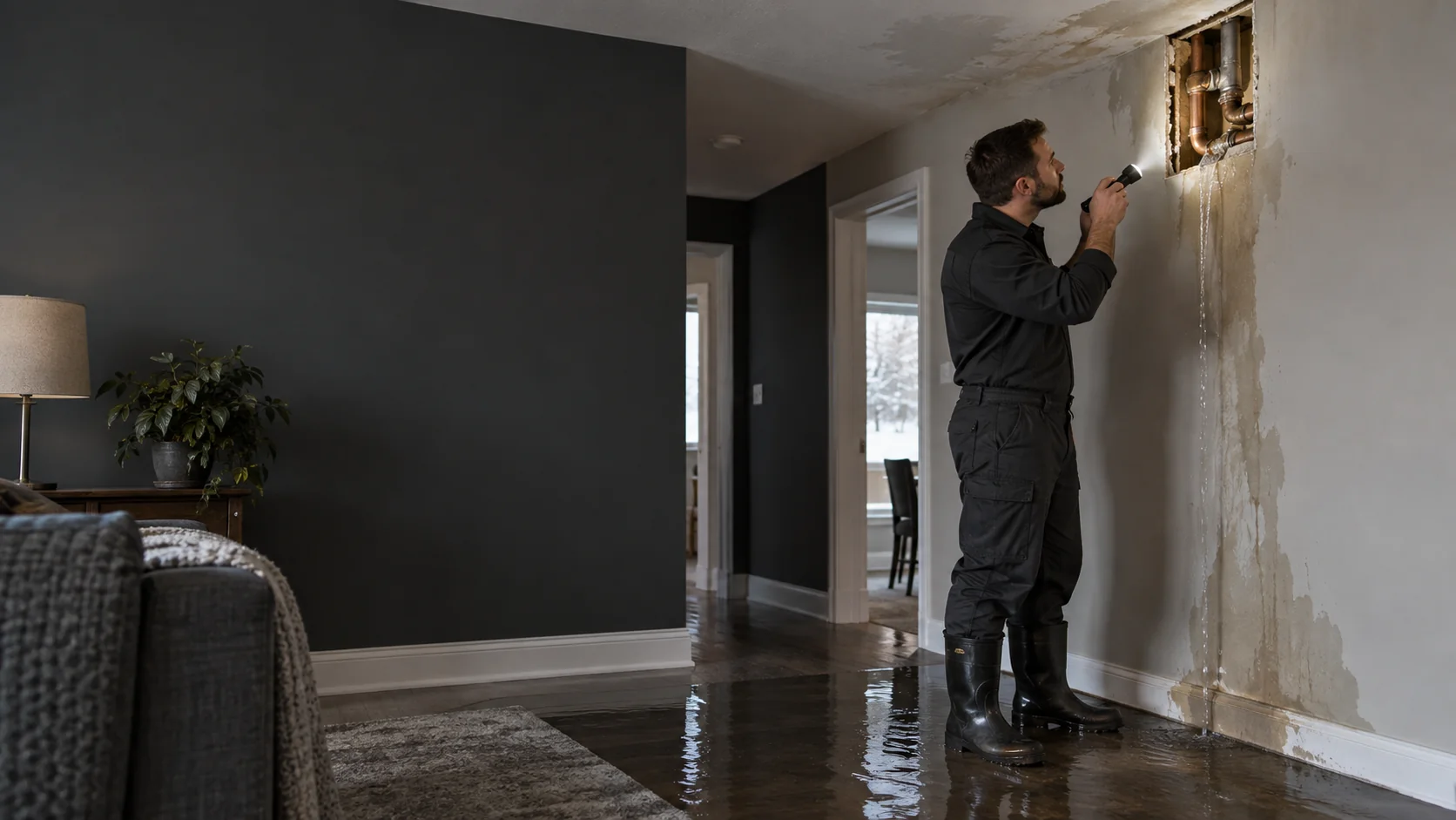 Illustrative plumber assessing a copper supply leak behind a wet ceiling and wall