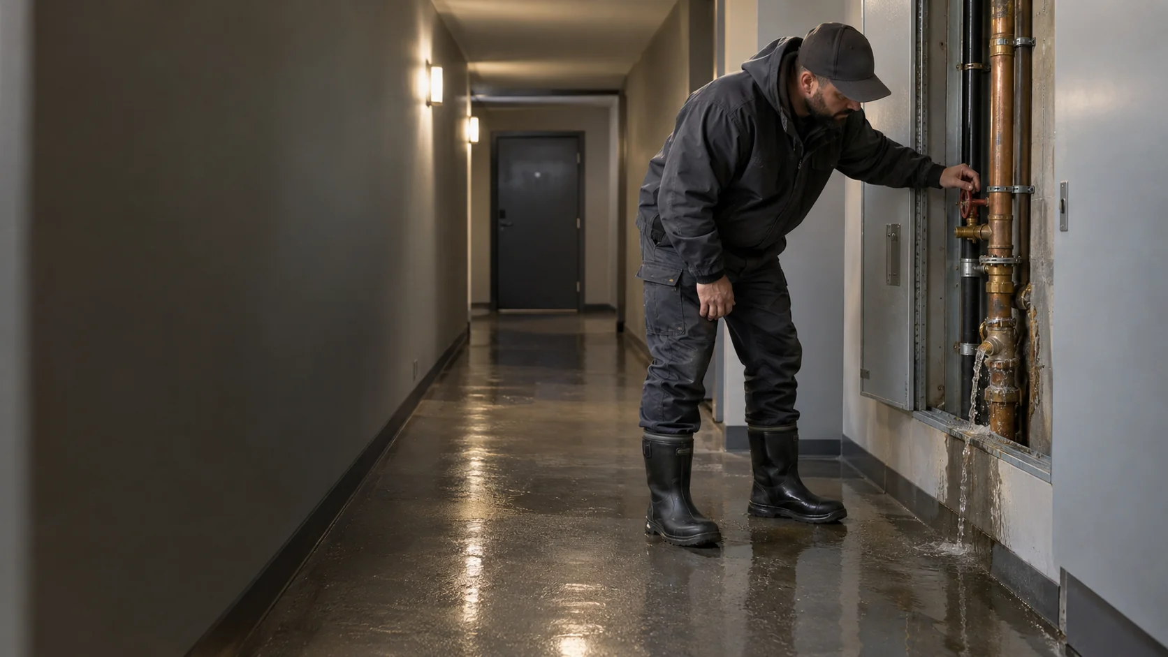 Illustrative plumber assessing a leaking shared copper water riser in a condo utility corridor