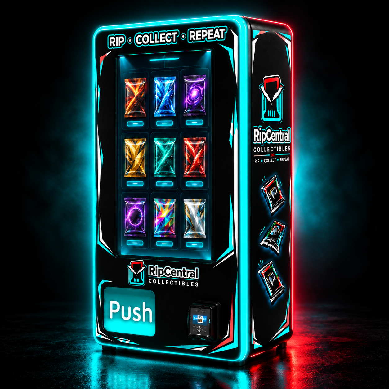 Rip Central trading card vending machine concept with aqua and red lighting against a dark background