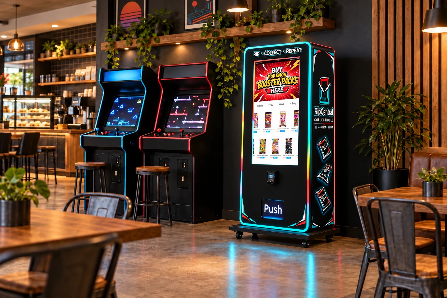 Concept of a Rip Central wrapped touchscreen trading card vending machine on its wheeled stand beside arcade cabinets in a neighborhood café