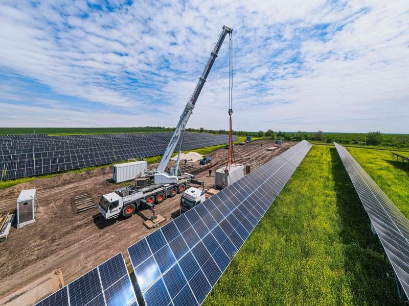 Crane lifting equipment during solar farm construction