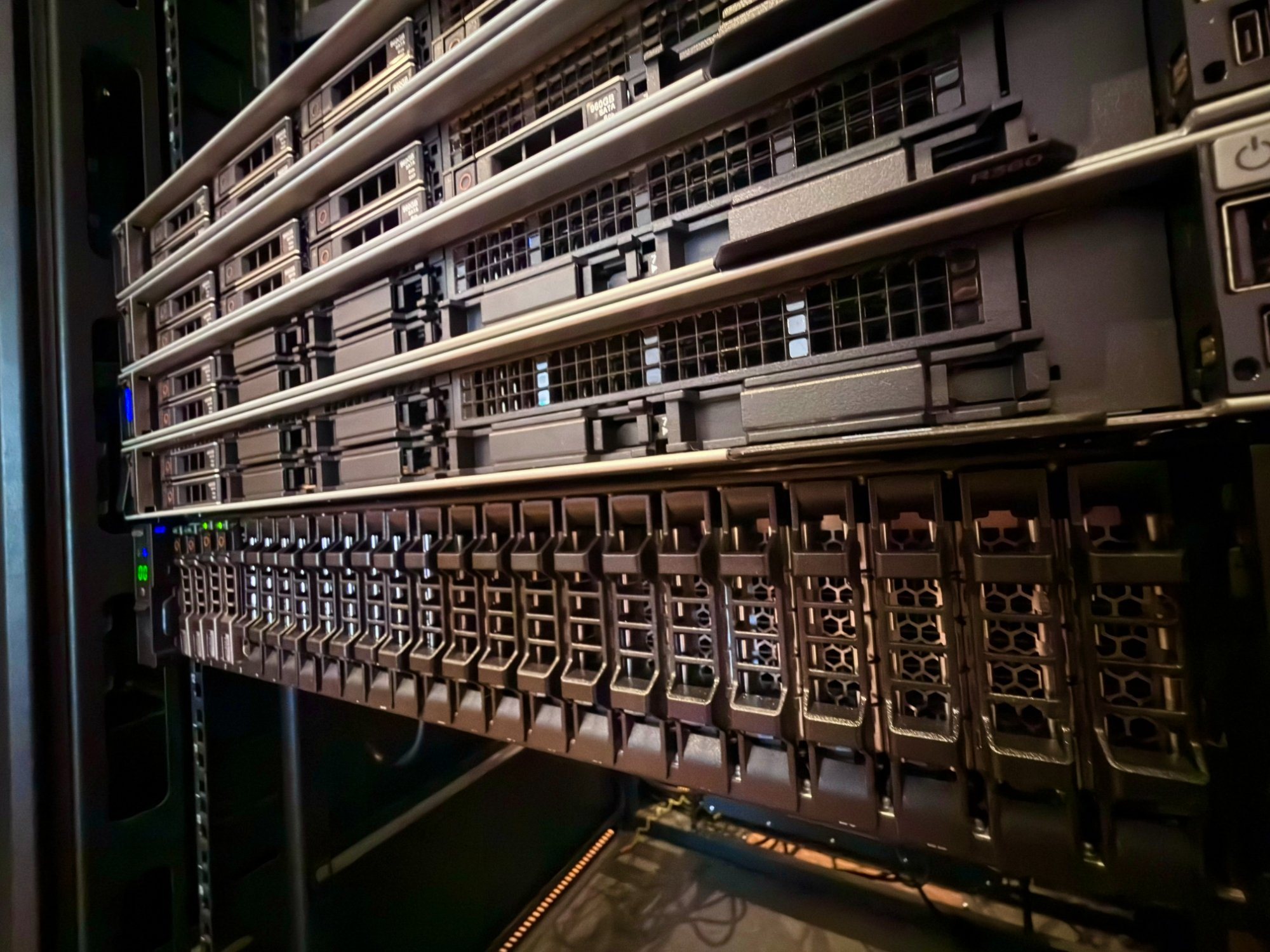 Front of the SiteLink rack with servers and a storage array, viewed from below
