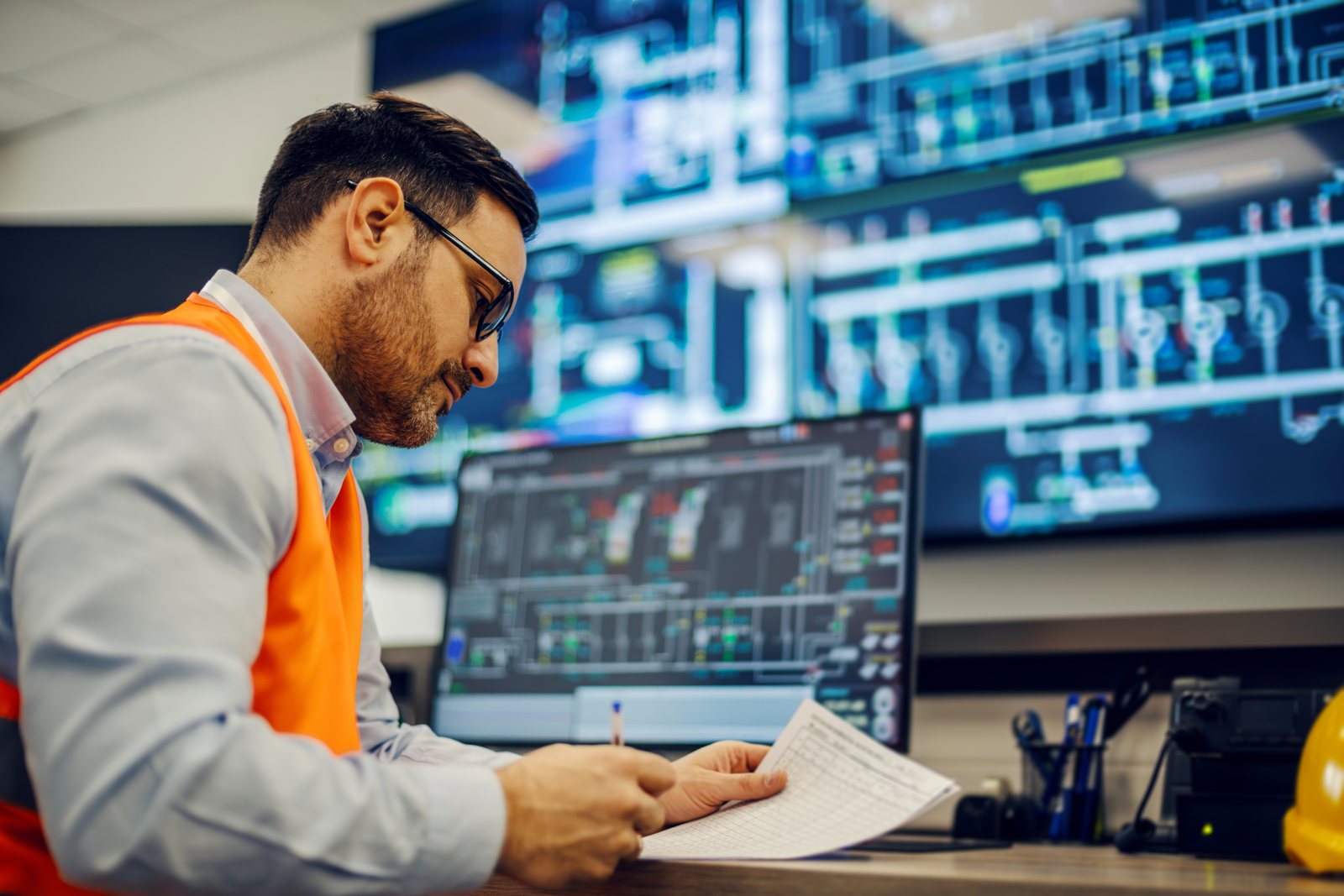 Engineer reviewing a checklist in a control room in front of SCADA screens