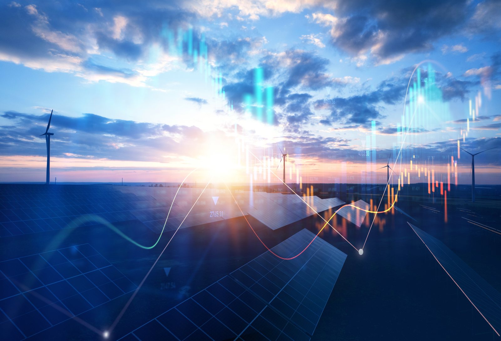 Solar farm and wind turbines at sunset overlaid with performance charts