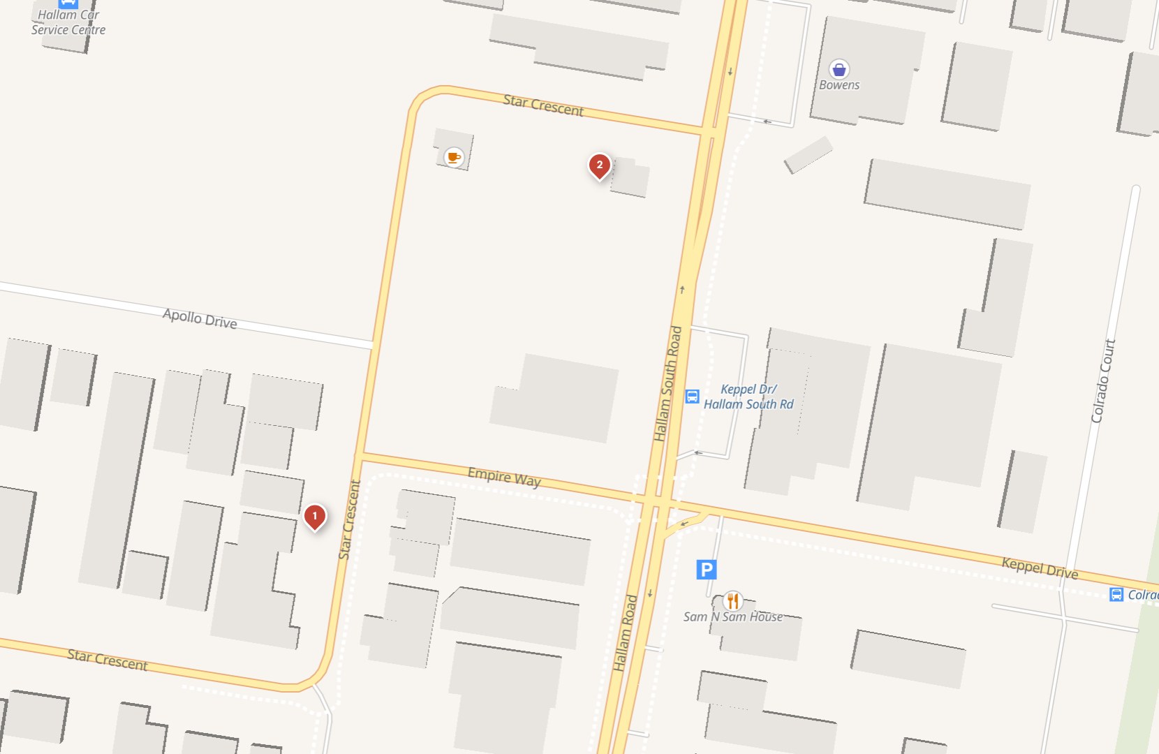 Map of Hallam showing Proa's two locations: 1, 54 Star Crescent and 2, 4/51-53 Hallam South Road