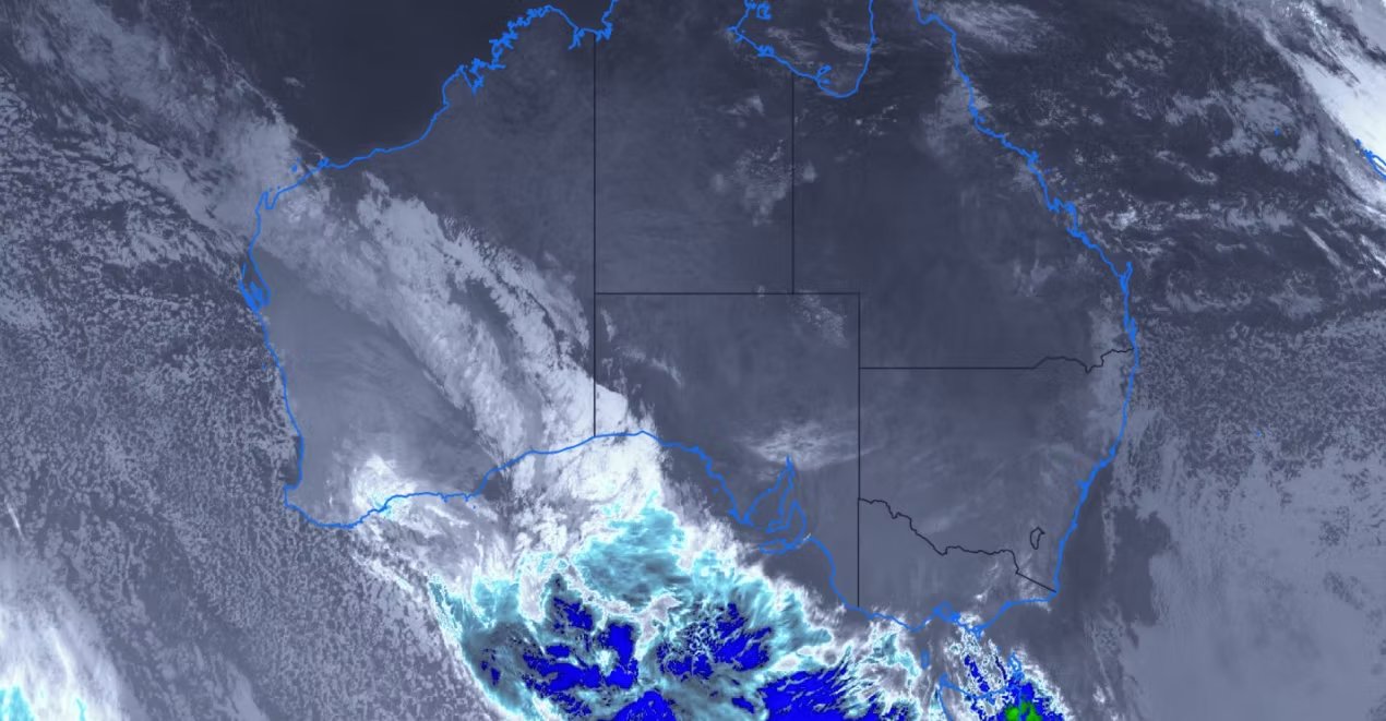 Satellite image of cloud bands moving across Australia