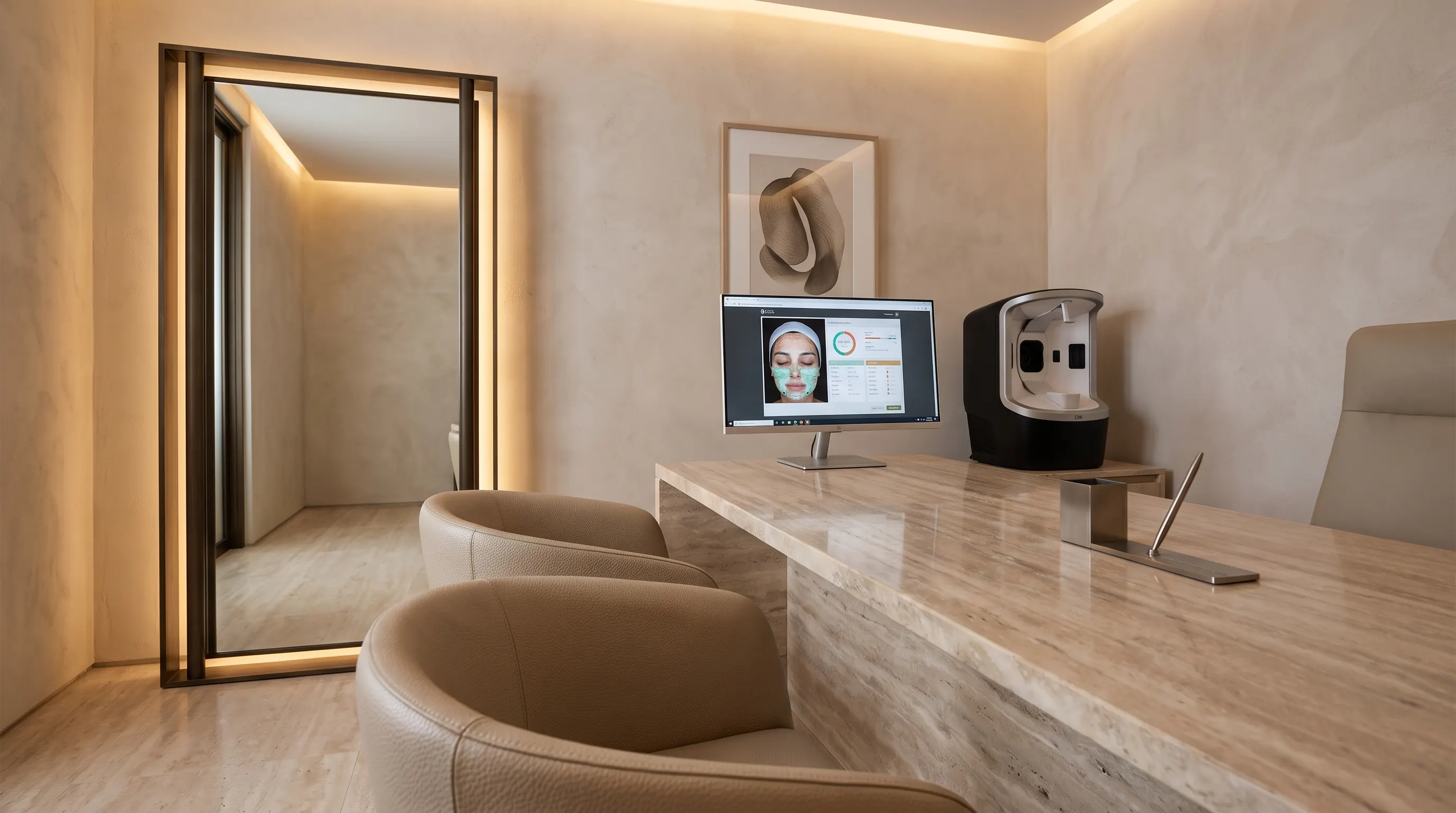 Lumivie consultation room with a skin analysis device and mirror