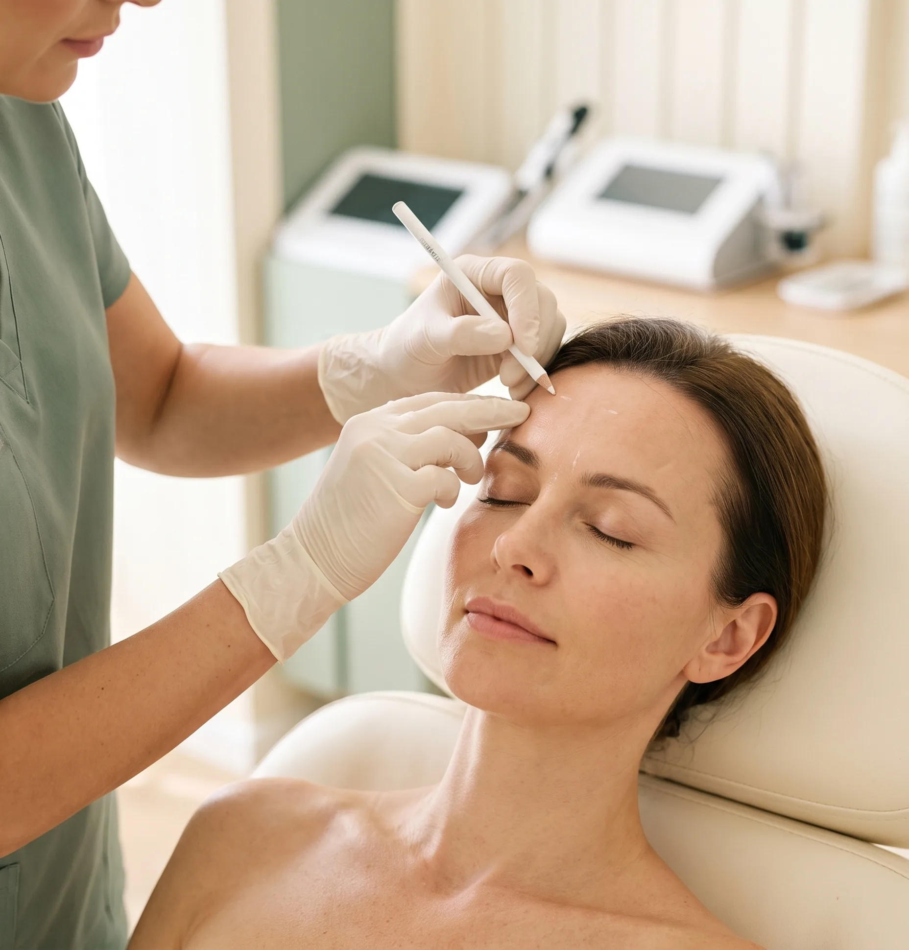 Injector marking a patient's forehead before a neuromodulator treatment