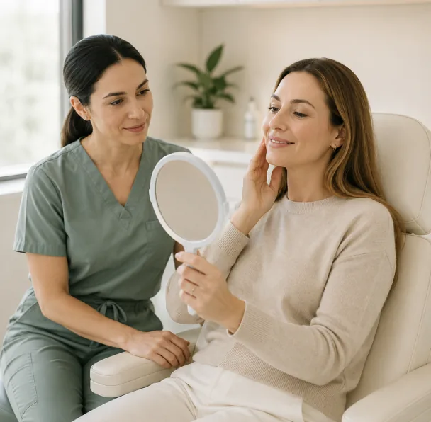 Injector and patient reviewing the result together with a hand mirror