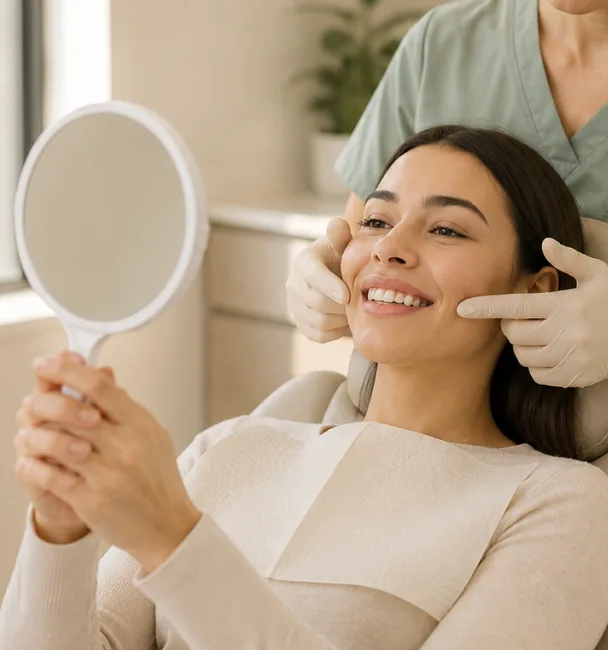 Patient smiling into a hand mirror while the injector checks her cheek