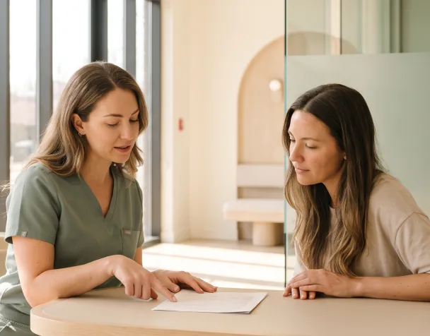 Injector and patient going over a written treatment plan at a table