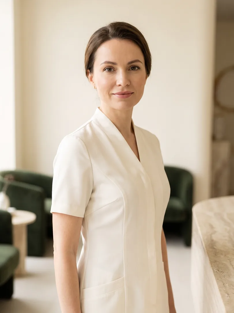 Portrait of Dr. Maya Chen, Lumivie's medical director, in a white blouse