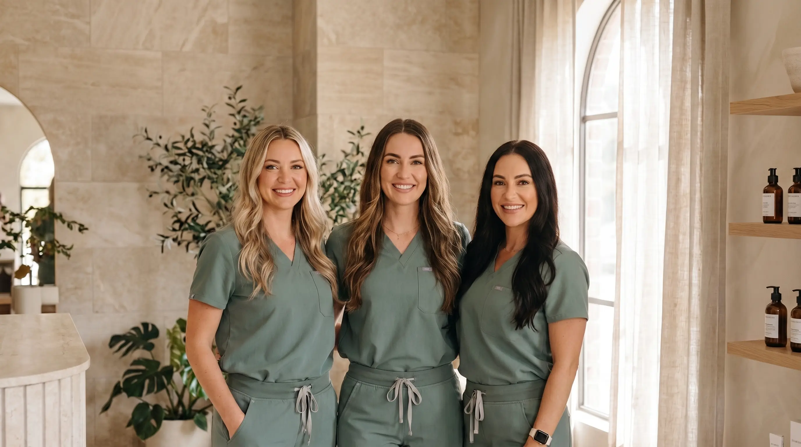 Lumivie injectors Emily Carter, Olivia Bennett and Sophia Williams standing together in sage scrubs in the clinic