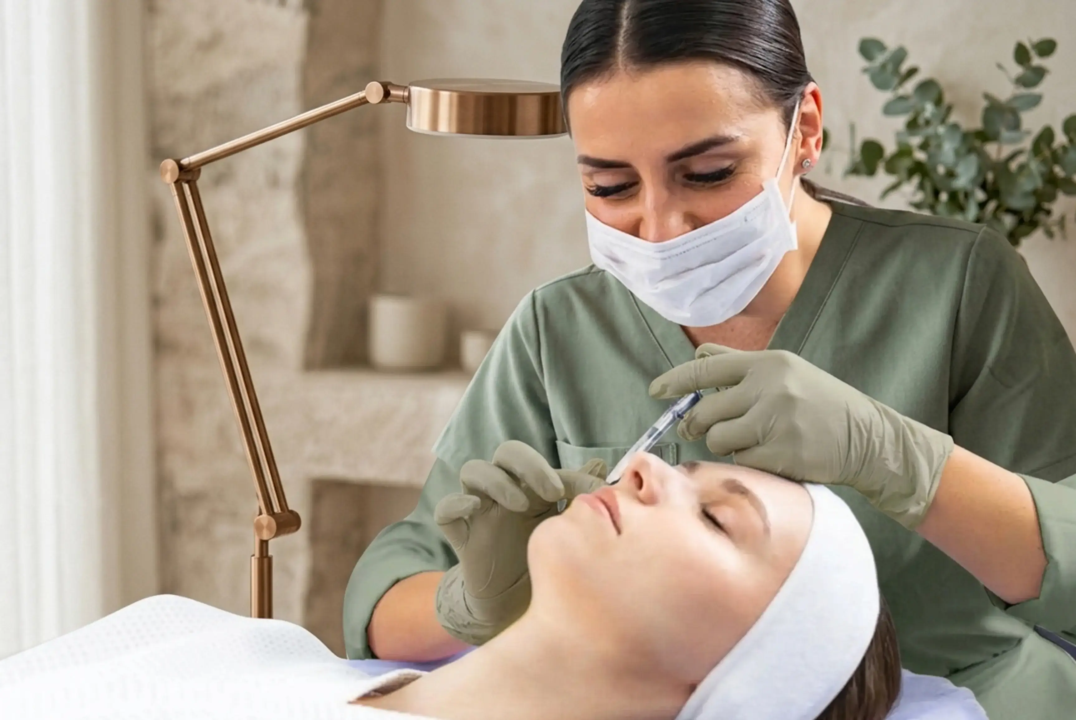 A Lumivie registered nurse in a mask and gloves performing an injectable treatment on a client lying on a treatment bed