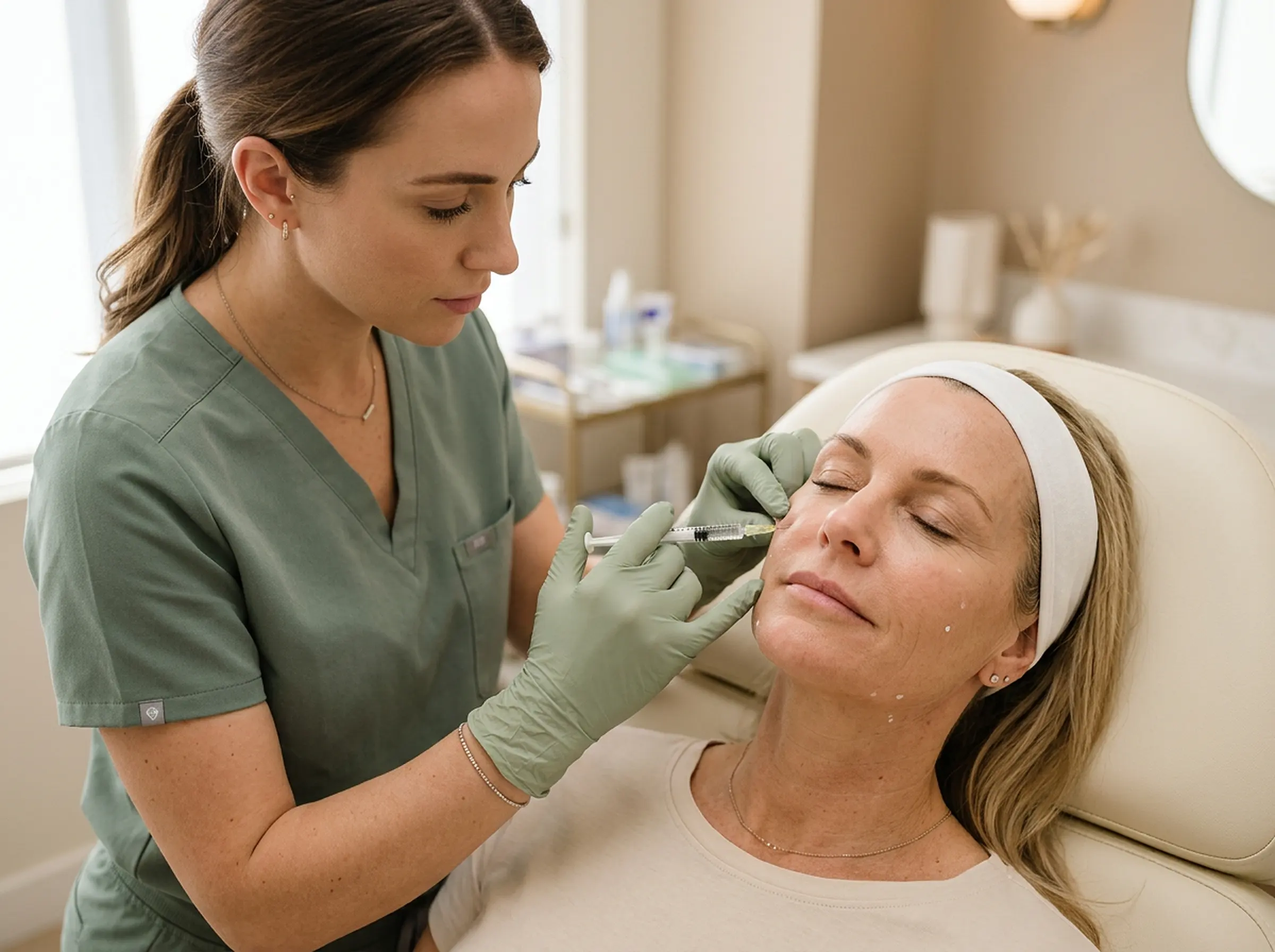 A nurse injector placing cheek filler with a fine cannula on a relaxed patient