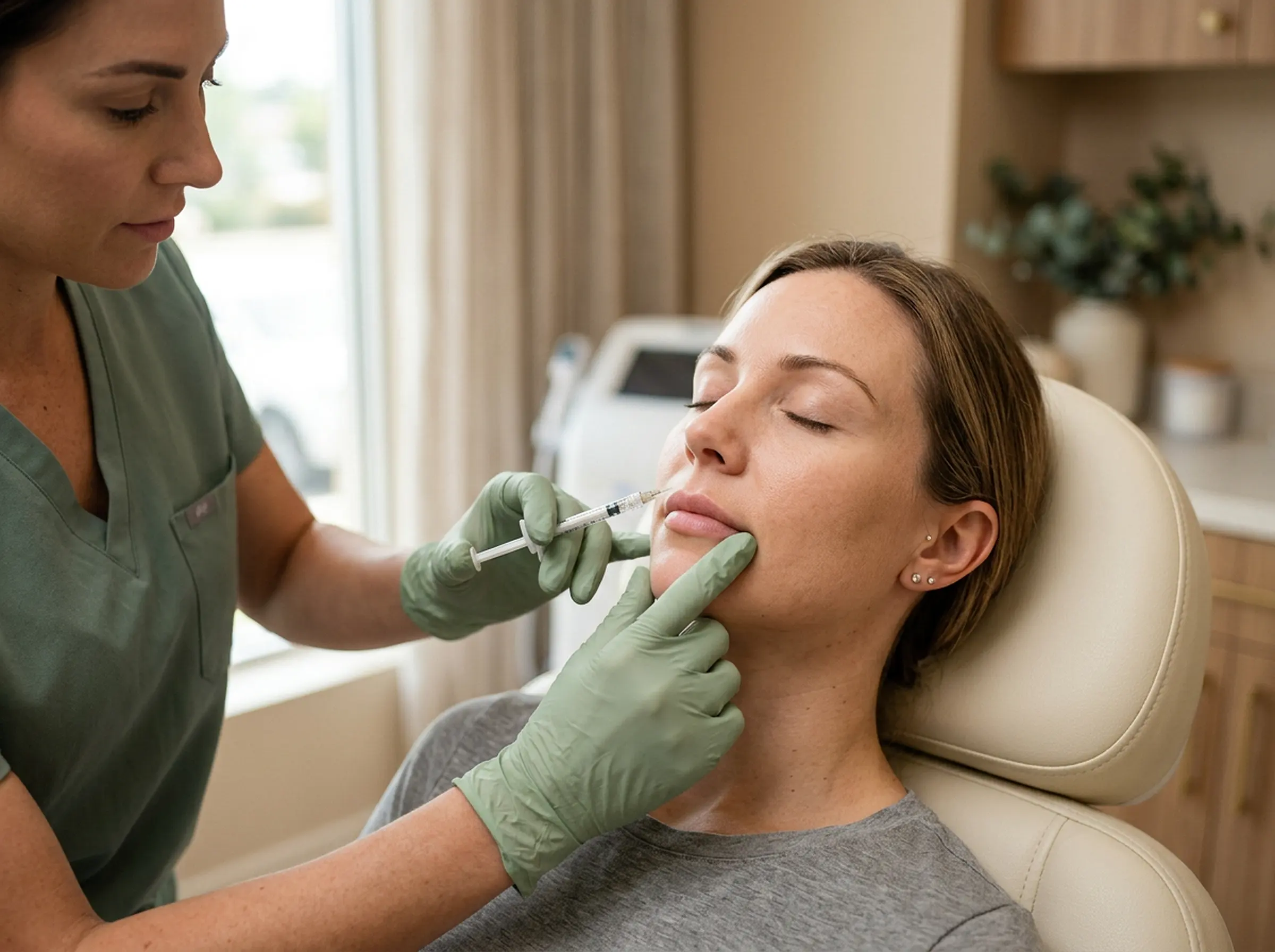 A nurse injector adding soft definition to a patient's upper lip