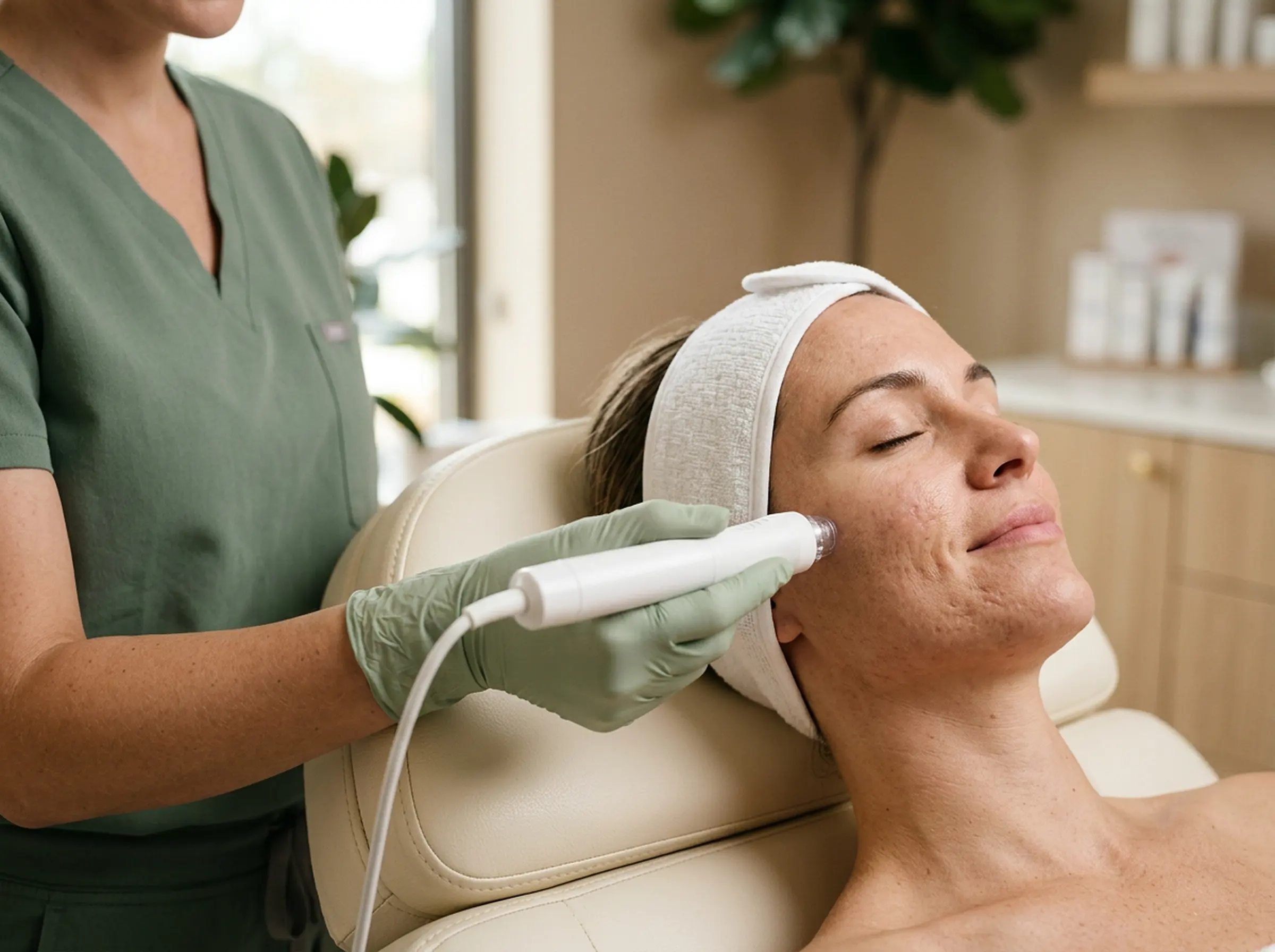 A nurse using a microneedling handpiece on a patient's cheek to smooth acne scars
