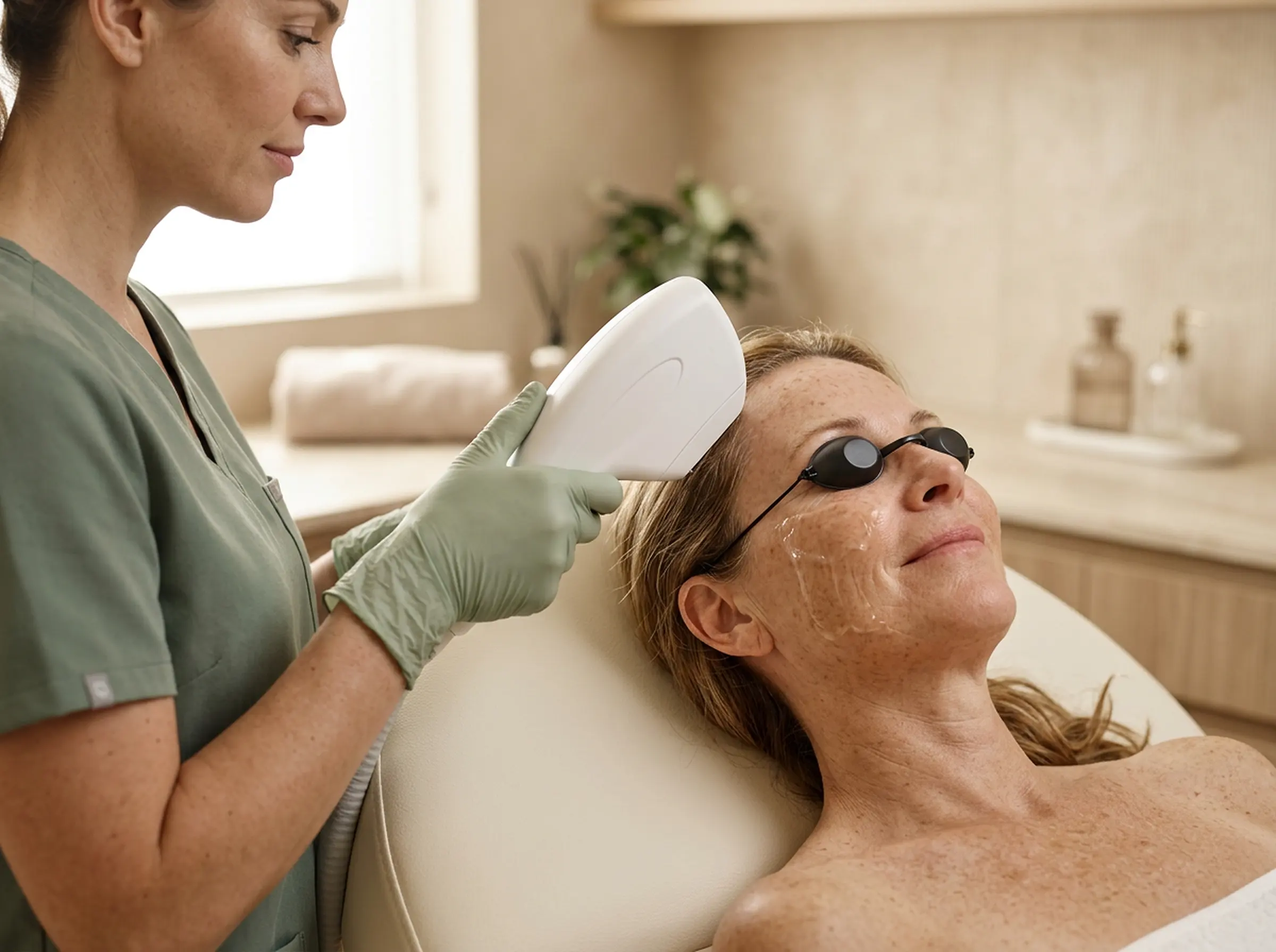 A technician treating sun spots with an IPL handpiece while the patient wears eye shields