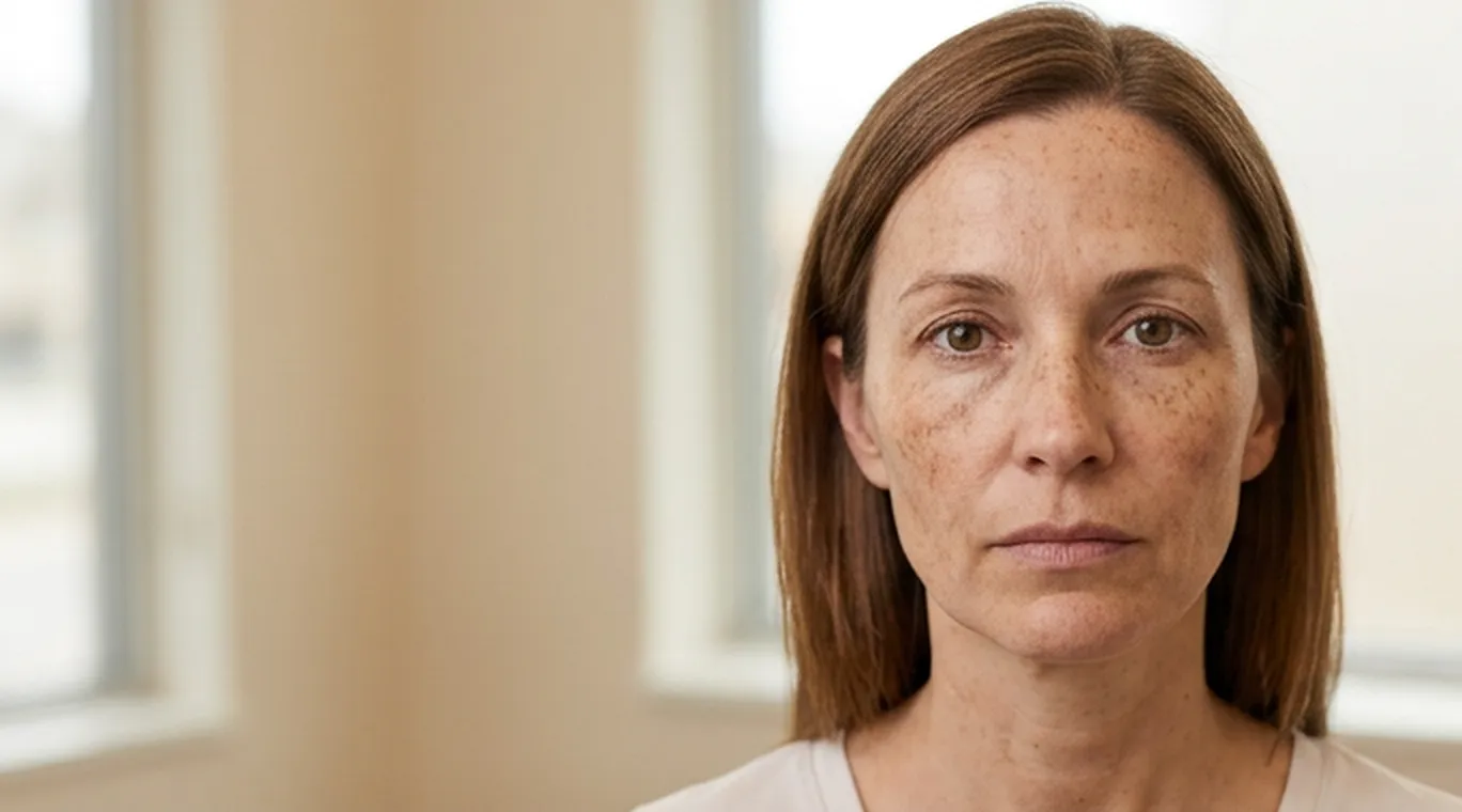 A 44-year-old case study patient at month zero, with sun spots and uneven pigment