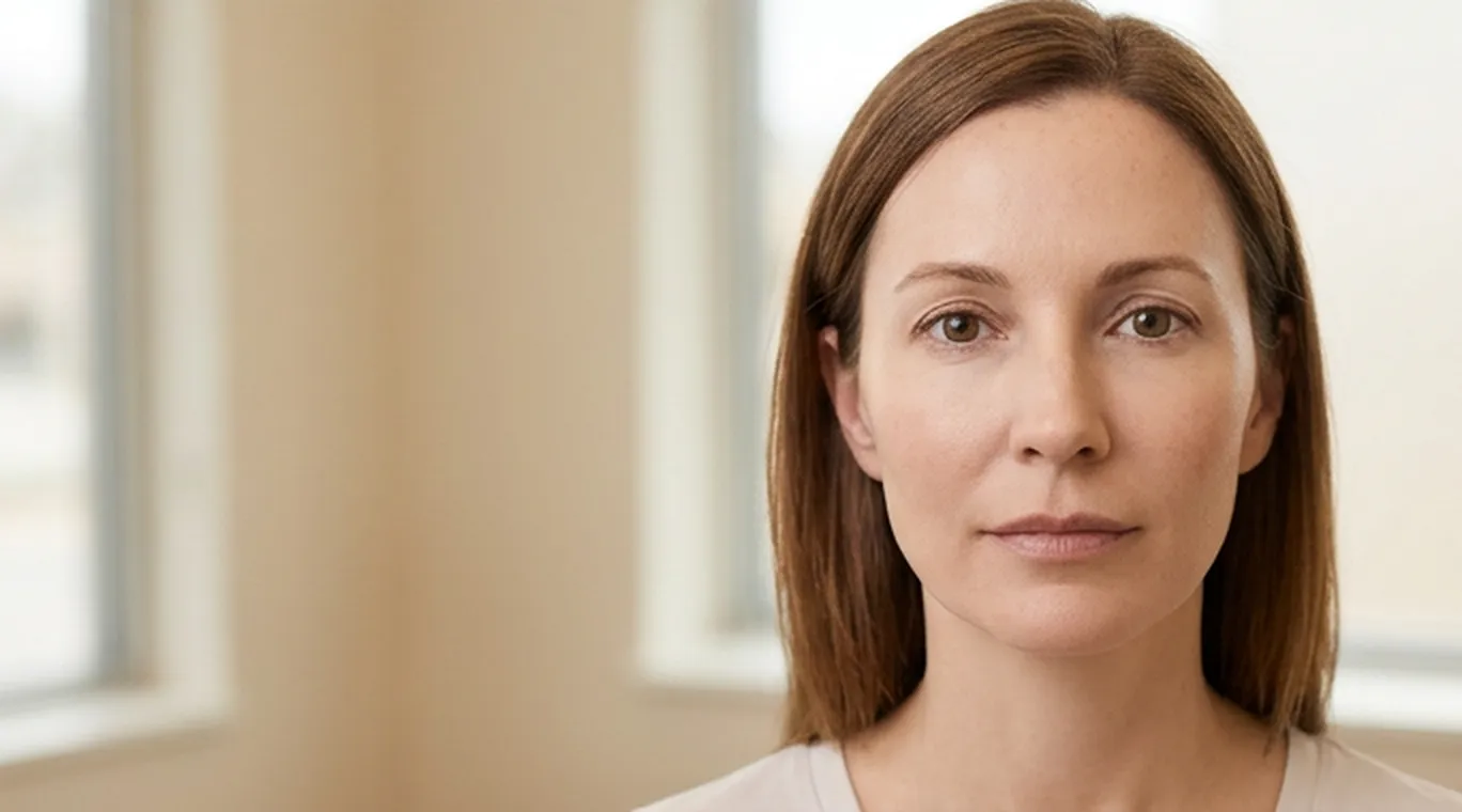 The same patient at month six, with even skin tone and a little natural volume restored in the cheeks