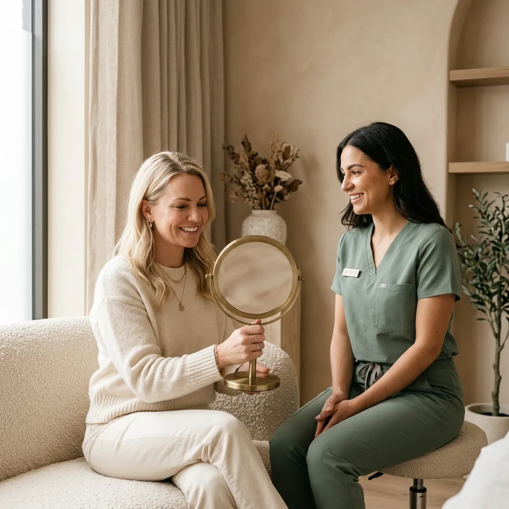 A client smiling at her result in a hand mirror