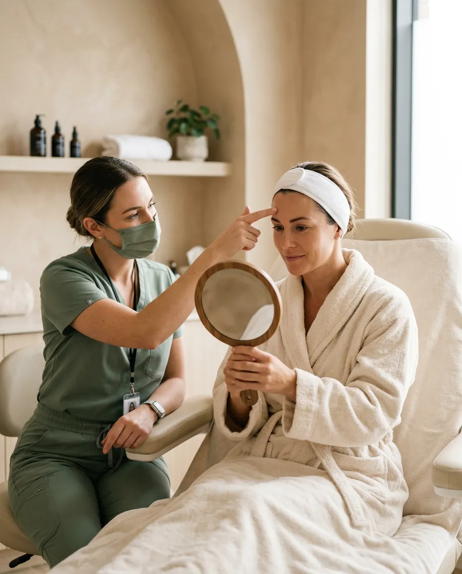 An injector showing a client the treatment plan in a mirror