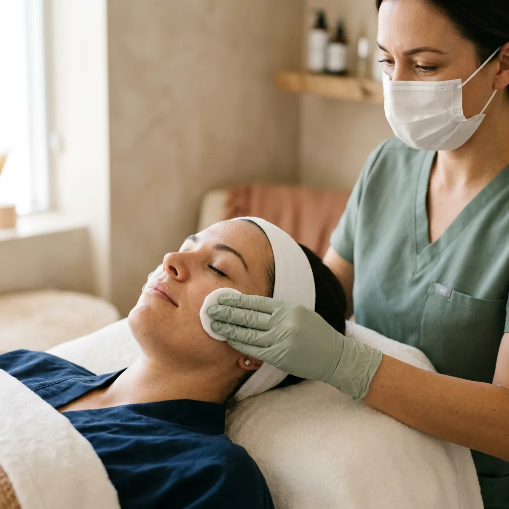 A nurse cleansing a client's skin before treatment