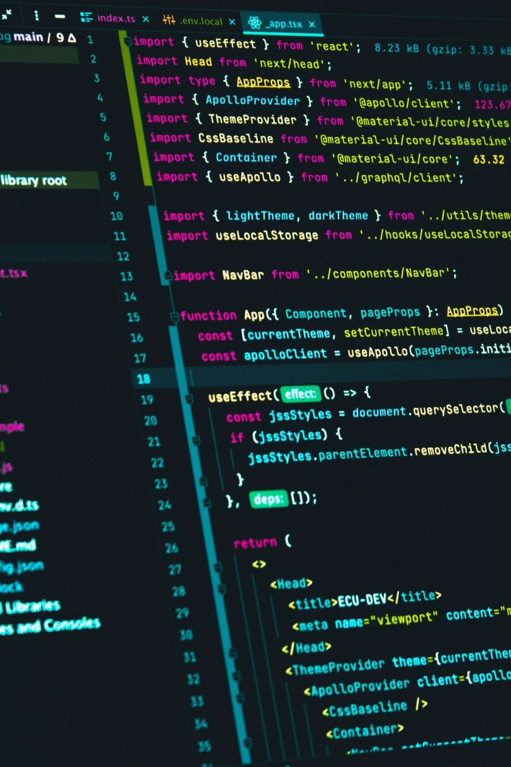 A code editor showing a TypeScript application being built and integrated.