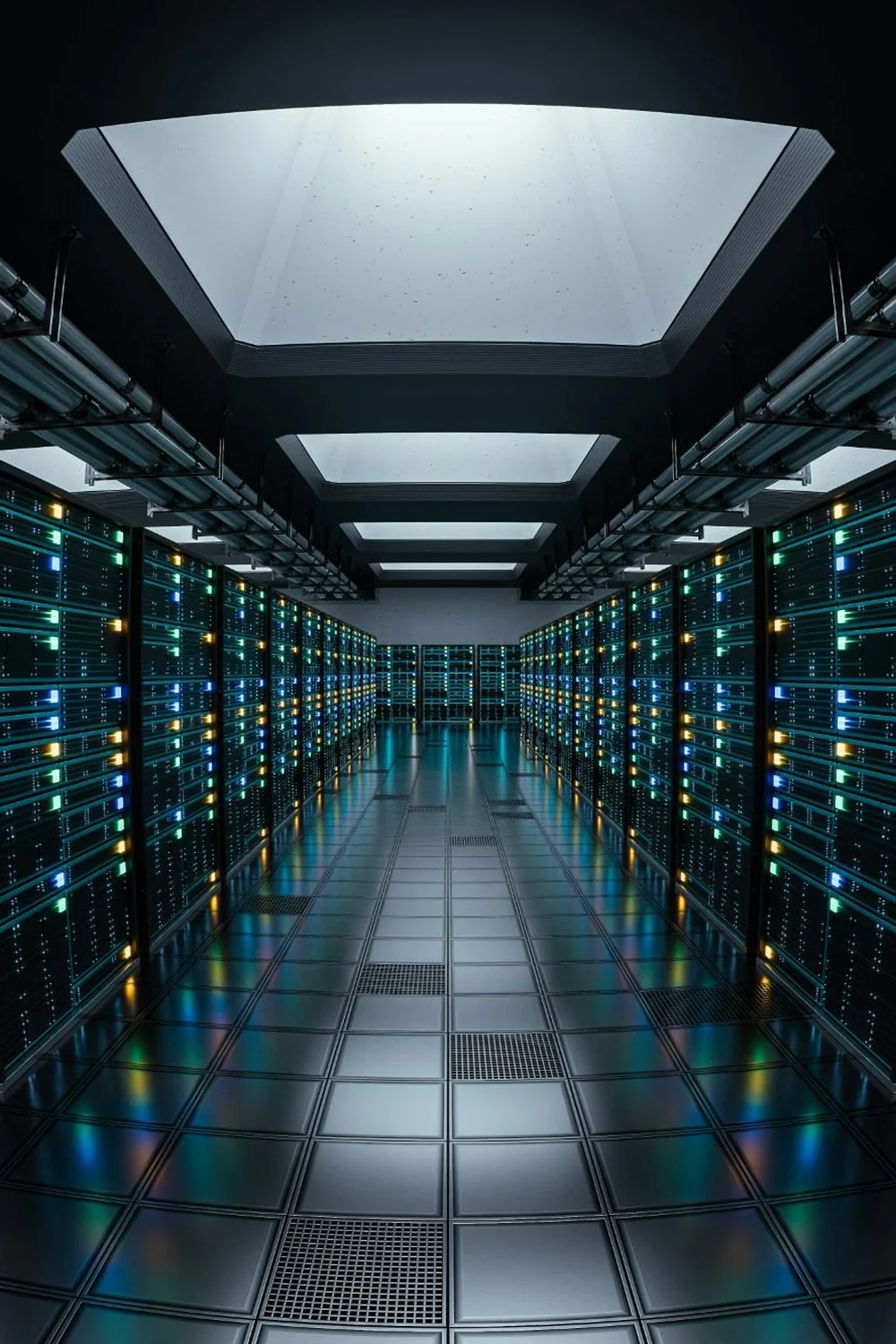 A data centre aisle lit in blue, representing systems run and continuously improved.
