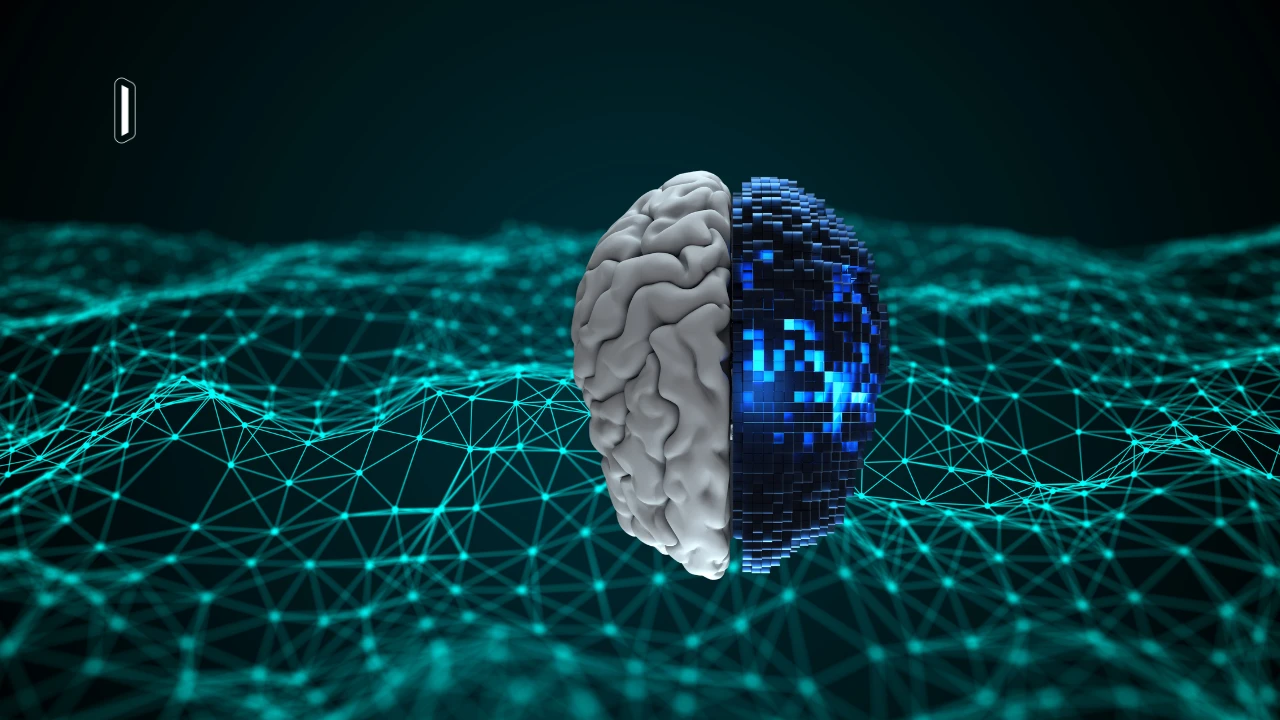 A human brain resolving into blue digital blocks above a teal data mesh, with the IOTA mark.