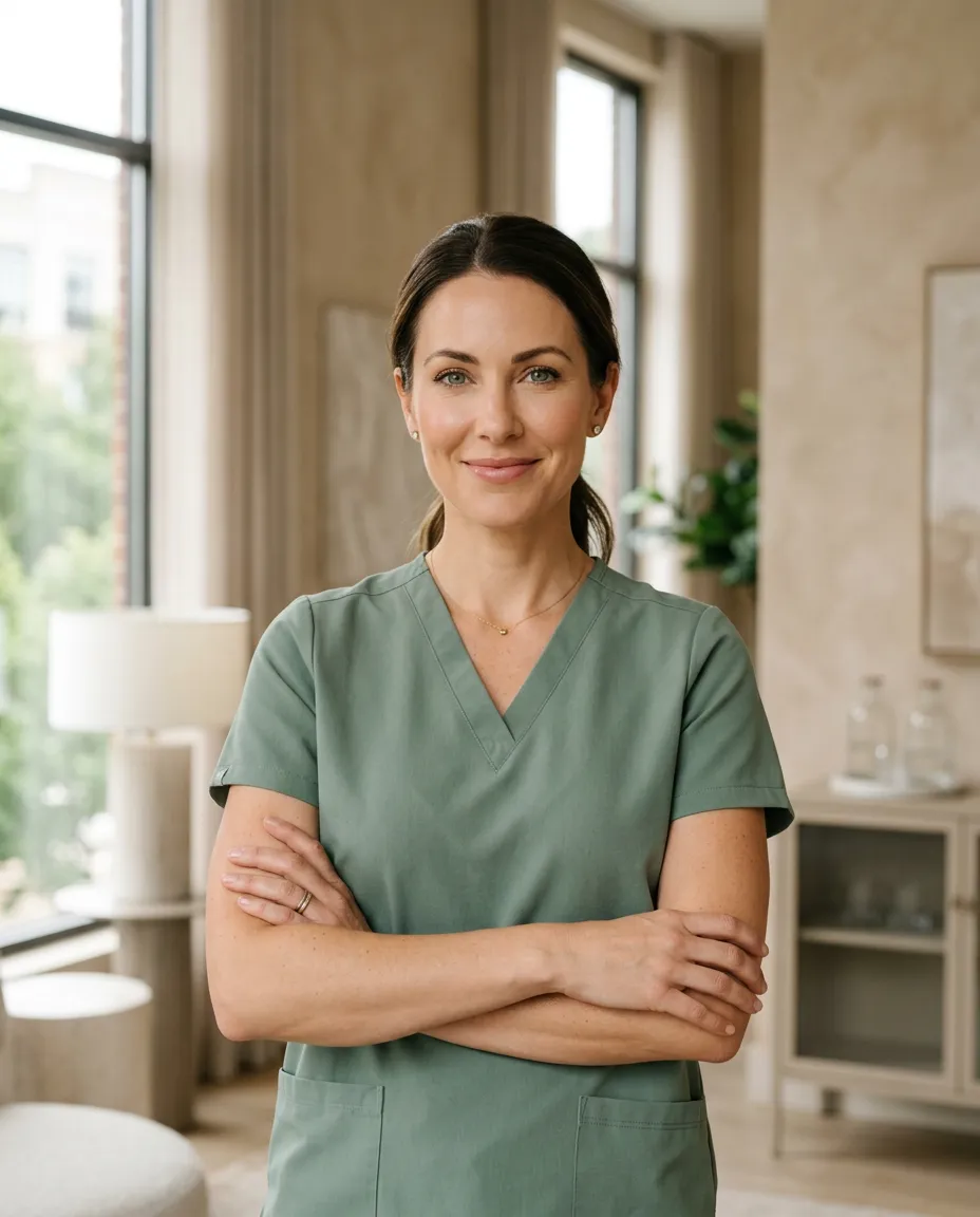 Sarah Mitchell, lead nurse injector, in sage green scrubs at the Lumivie clinic